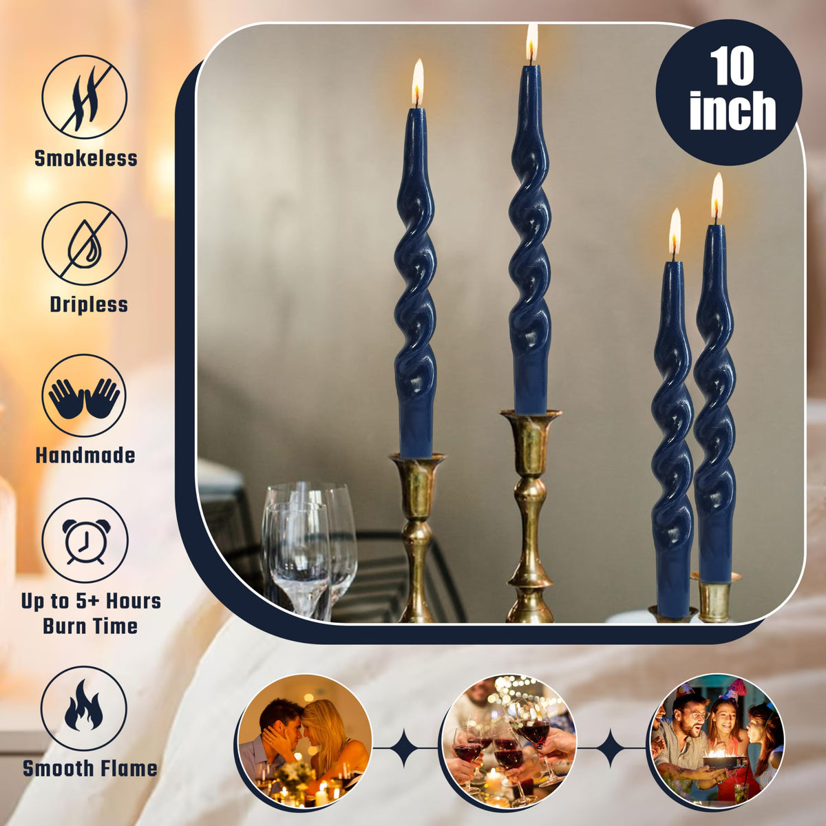 10 Inches Spiral Taper Candles Sticks Navy Blue Twisted Candle Dripless Unscented Long Candles, Handmade Candlesticks for Wedding Dinner Decor, Set of 4
