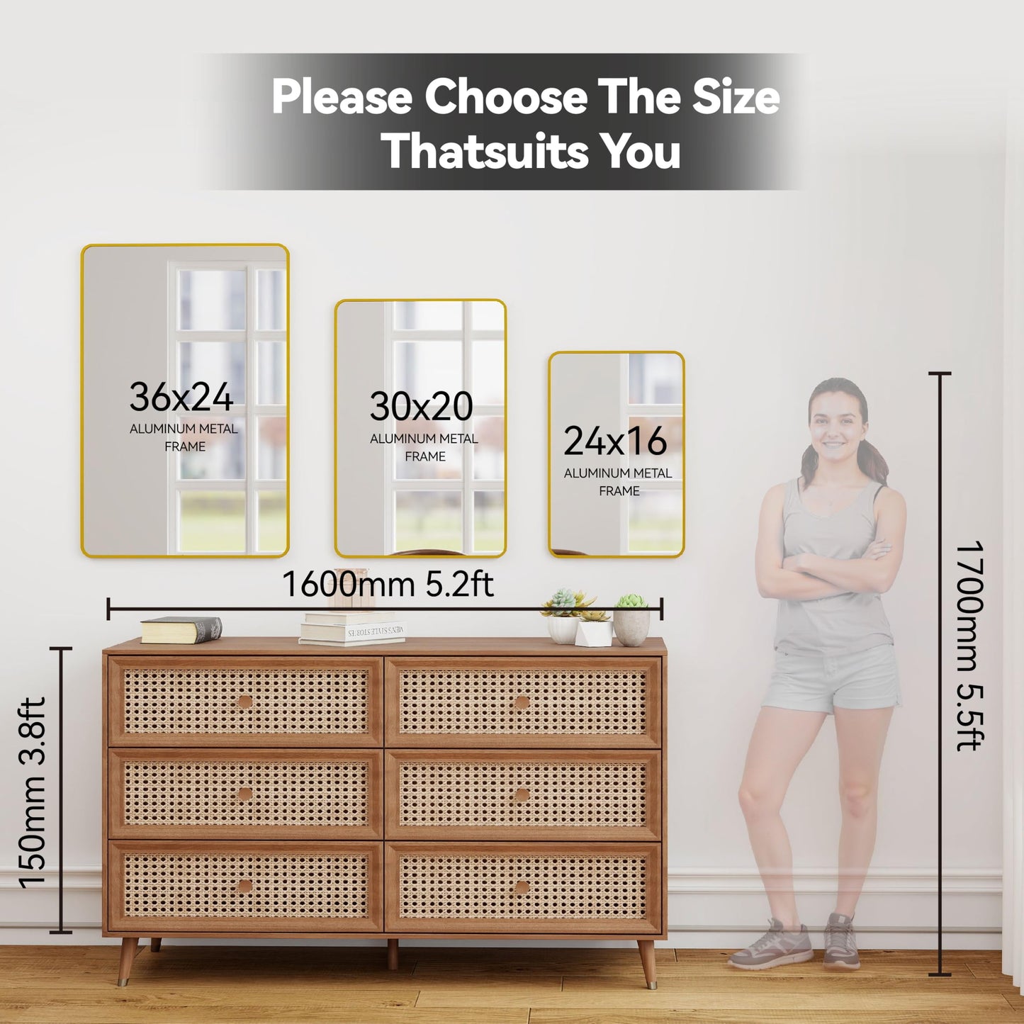 SCWF-GZ 24x36 Vanity Mirror Full Length Wall Mounted Aluminum Alloy Metal Frame Dressing Round Rectangle Mirrors for Entryway Bedroom Bathroom Living Room Horizontally or Vertically 36x24 inch Gold