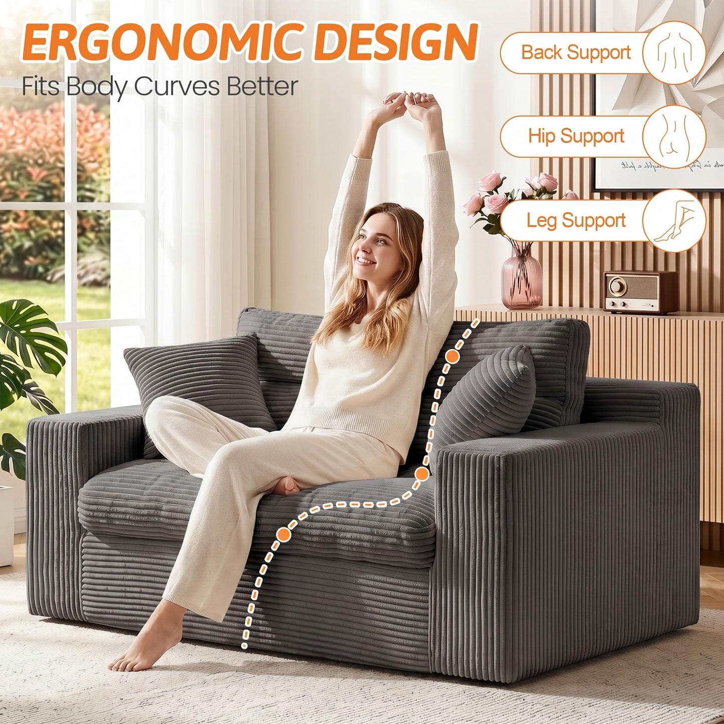 Erament Boneless Loveseat Sofa Couch, 2 in 1 Convertible Sofa Bed with Pillows, Fold Out Bean Bag Chair Boneless Floor Couch for Living Room Bedroom Office Lounge Apartment, No Assembly Needed, Grey