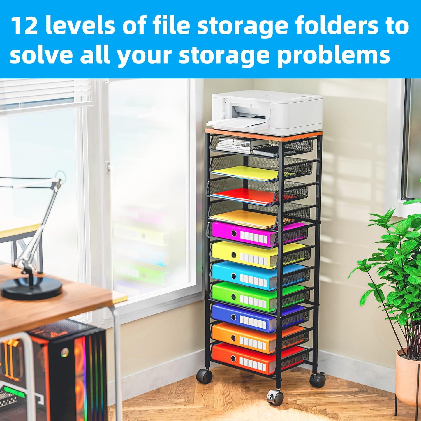 Simple Trending 12-Tier Rolling File Cart, Desk File Organizer with 11 Mesh Sliding Trays, Letter & Legal Paper Storage Rolling Utility Cart for Office Home School, Black