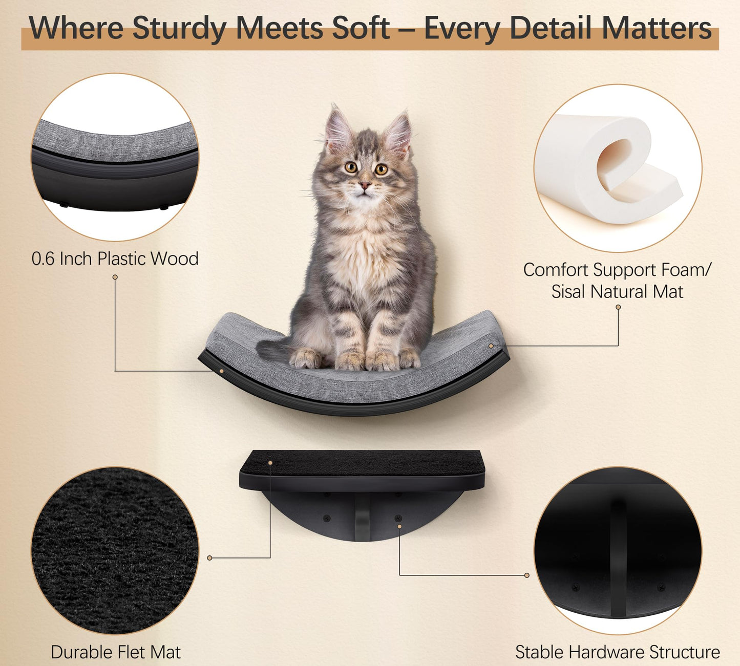 PELUOMOZ Cat Wall Shelf, Curved Cats Wall Bed, Wall Mounted Cat Grey Climbing Shelves for Sleeping, Playing, and Lounging