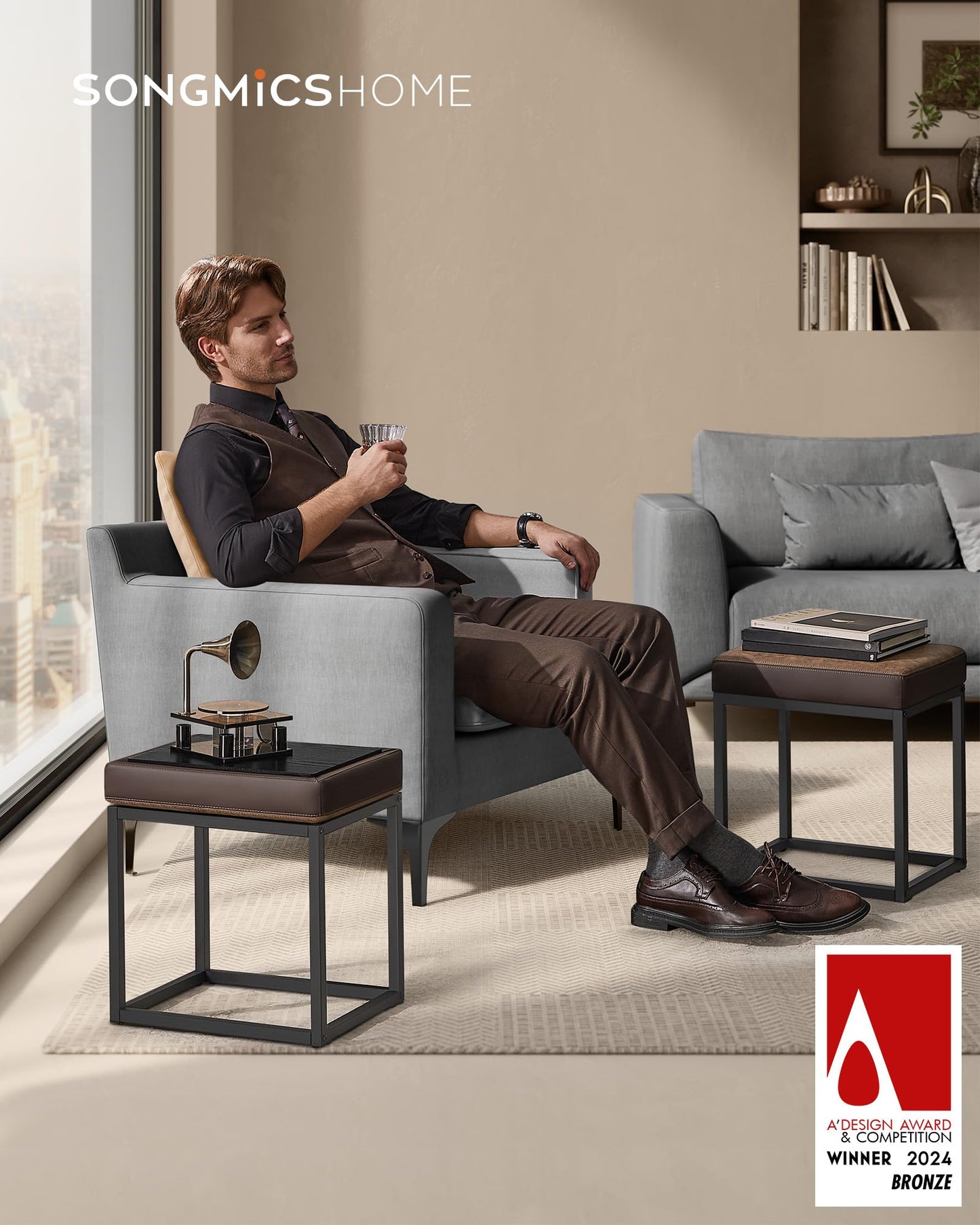 SONGMICS Home LUIZ Collection - Ottoman Footstool, Rectangle Ottoman, Vanity Chair Stool, Footrest, Reversible Top, Side Table, Max. Load 660 lb, Bedroom Living Room Entryway, Walnut Brown ULOM079K01
