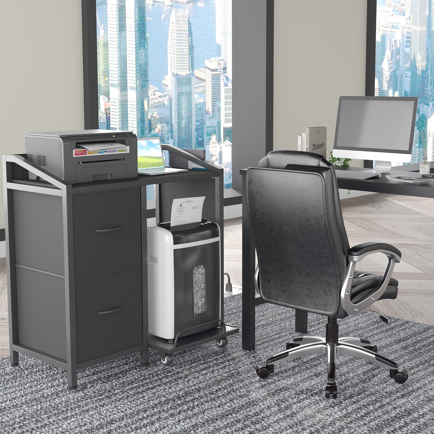 WODRAWER Printer Stand with Storage, Lateral Office Filing Cabinets with Power outlets & USB Charging Port, File Cabinet with Large Printer Stands for Home Office, Shredder Stand Rack (Black)