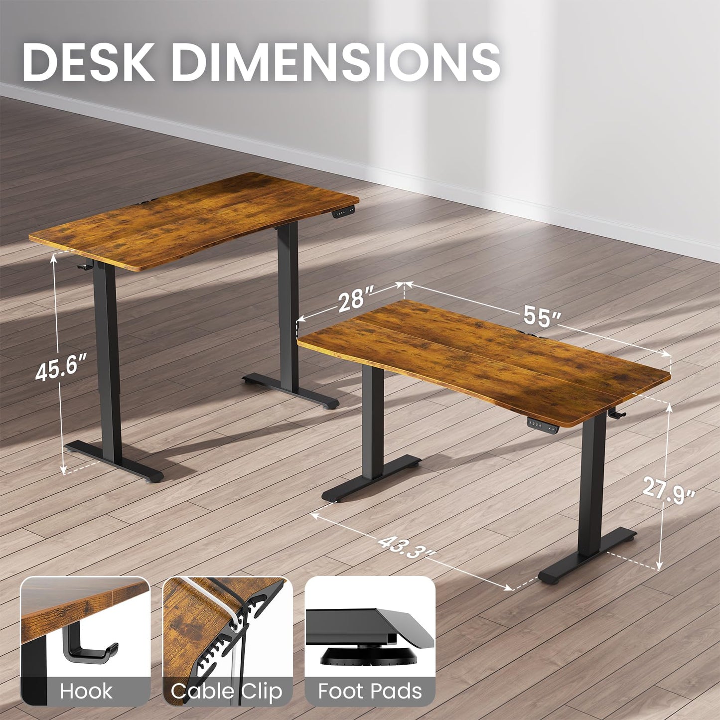 Veken 55 x 28 Inch Electric Standing Desk, Sit to Stand Up, Work Home Office Computer Table for Study, Walking Pad, Writing, and Games, Wooden Desktop Desks, Brown