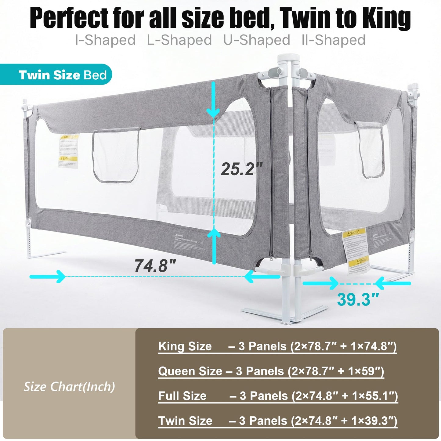 NurturaNook Twin Size Baby Bed Rail Guard – Extra Tall Safety Bedside Rail with Headboard Rod for Toddlers, Adjustable No-Gap Design, 3 Panels (2×74.8″ + 1×39.3″), Gray