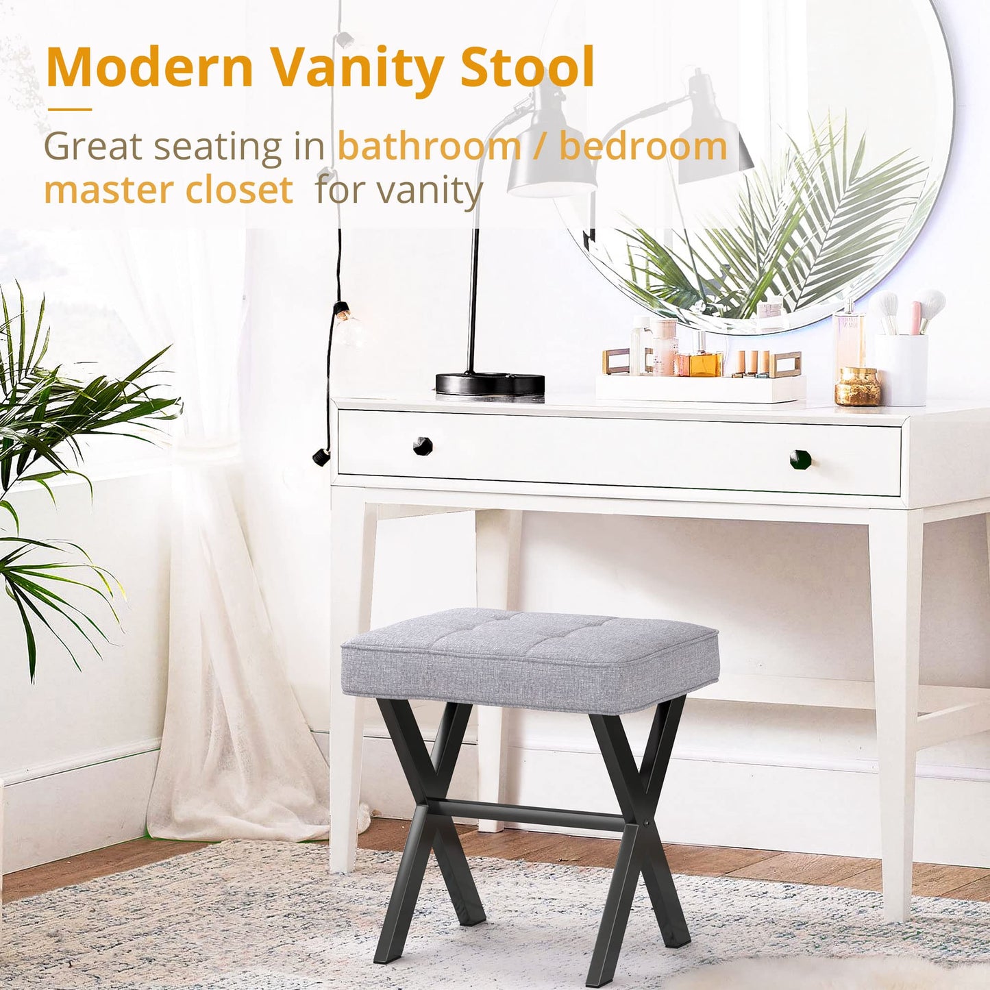LUE BONA Vanity Stool - Square Linen Makeup Seat With Metal X Legs, Small Ottoman Chair for Makeup Room, Living Room, Bathroom - Modern Padded Foot Rest, Dark Gray
