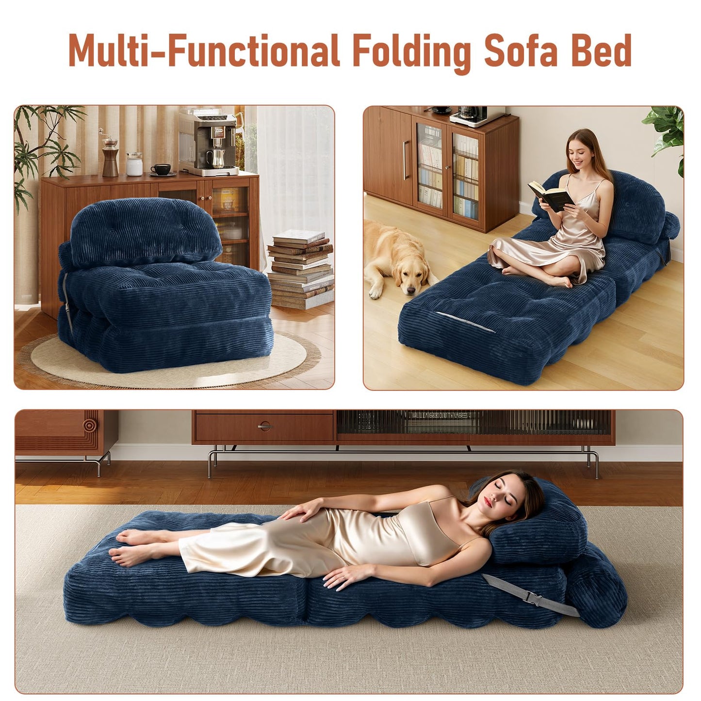 Vellorise Folding Sofa Bed, Convertible Sleeper Chair with Back Support and Pillow Futon,Boneless Foldable Couch for Living Room/Guest Use/Home Office, Foldable Chair Bed for Adults, Navy Blue