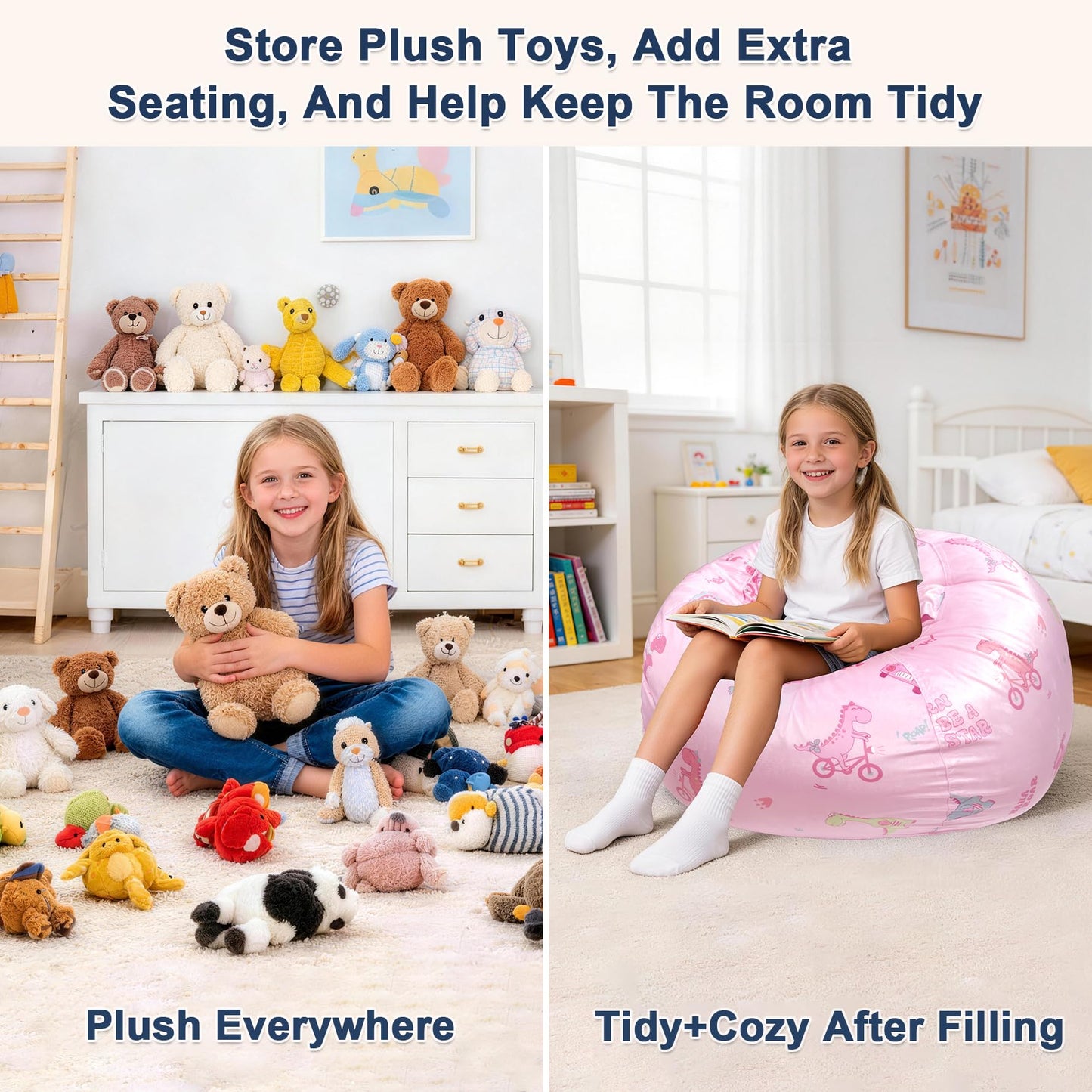 Lukeight Dinosaur Stuffed Animals Storage Bean Bag Chair Cover for Kids, Cozy Velvet Plush Toy Organizer Seat, Cover Only, No Filling Included, Long YKK Zipper, Side Pocket, X-Large 30 x 18 in