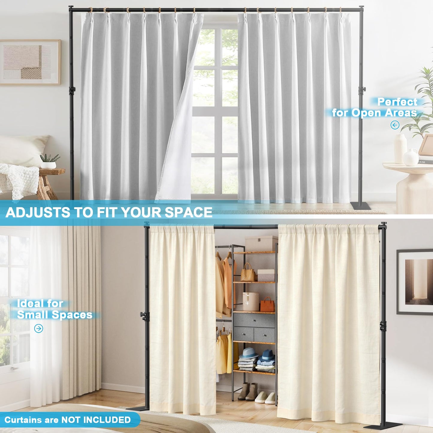 AKTOP Room Divider Curtain Rod, Freestanding No Drilling Privacy Room Separator for Space Partition, 89" H x 91" W Adjustable Heavy Duty Wall Divider Tension Rod for Room Separation with Carrying Bag