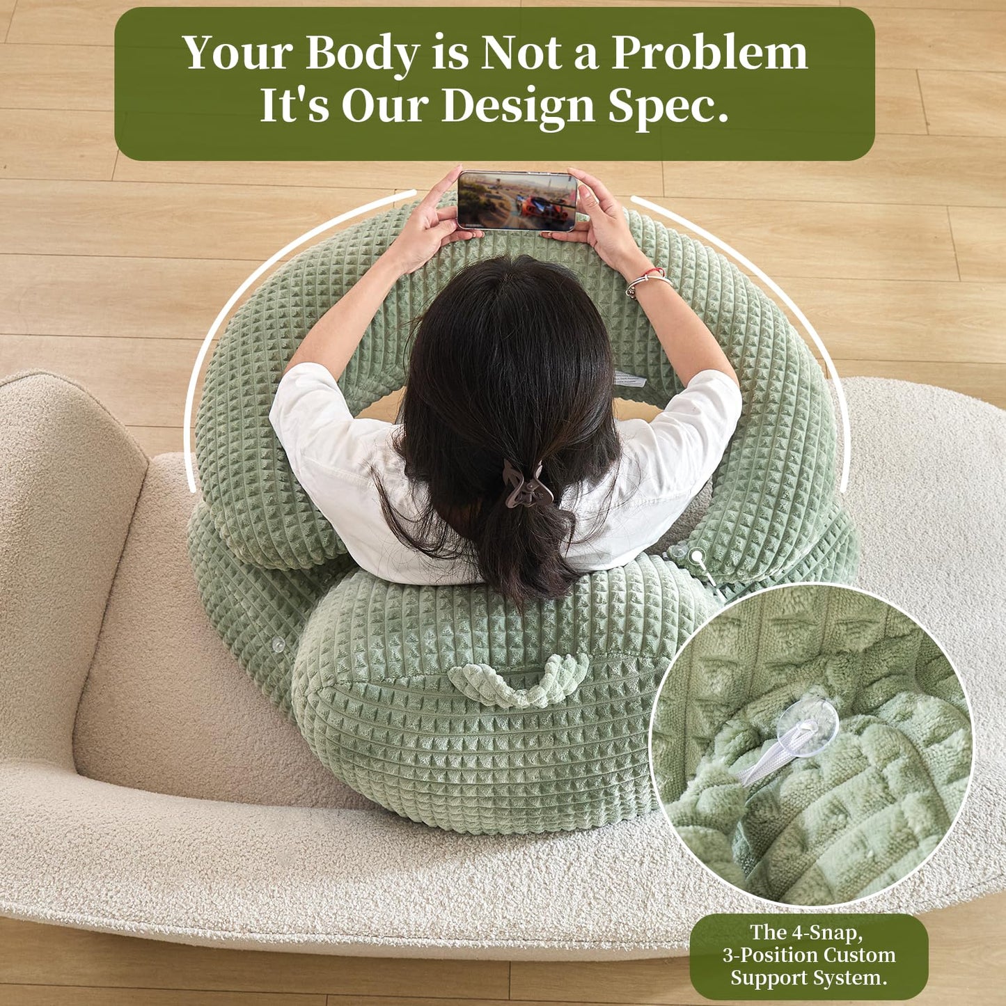 19" Reading Pillow for Bed,U Shaped Arm & Elbow Support,Green Flannel