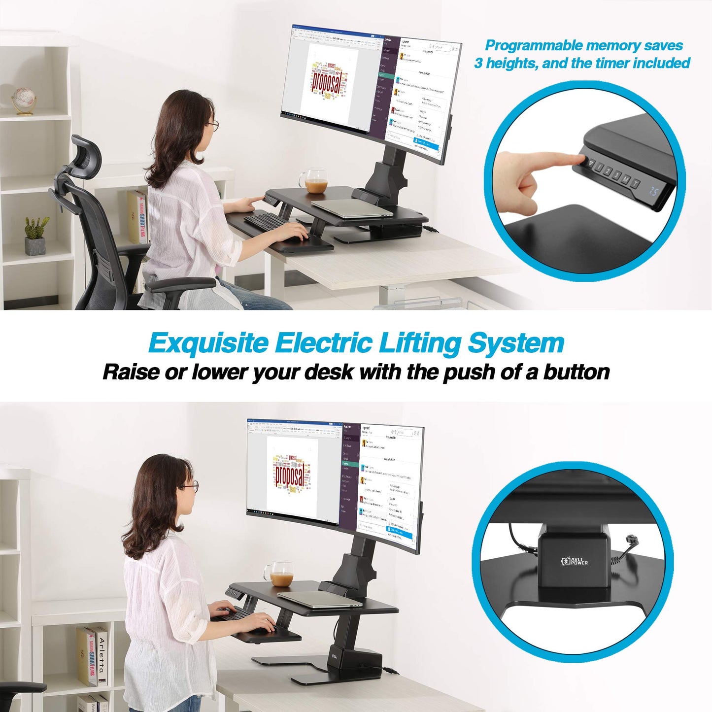 AVLT Electric Standing Desk Converter for Dual 32" Monitors, Motorized Sit to Stand Riser with 28"x16" Tabletop, Large Keyboard Tray, Height Adjustable, Sturdy Base, Small Footprint