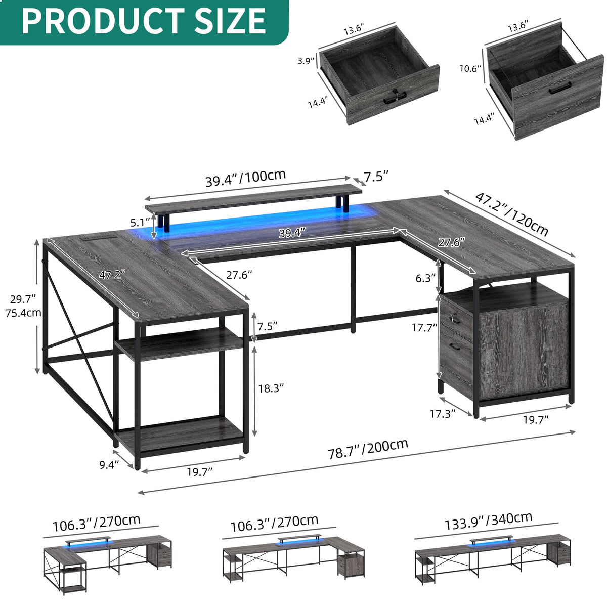 YITAHOME U Shaped Desk with Power Outlets & LED Lights, 79" Reversible L Shaped Desk with Drawers, Corner Computer Desk Office Desk with Monitor Stand & Storage Shelves, Grey