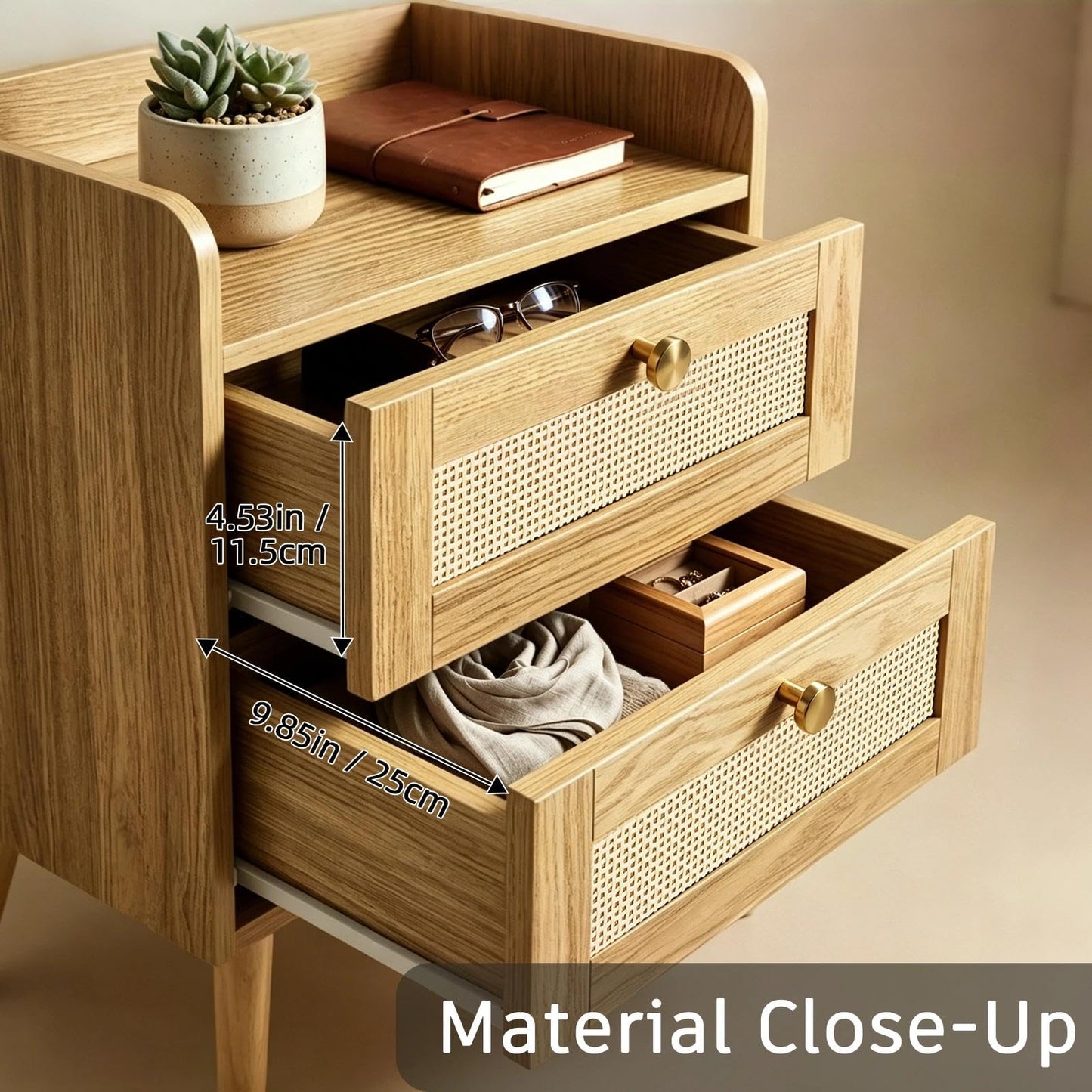 Nightstands Set of 2 with Charging Station, Modern Boho Rattan Bedside Tables with 2 Drawers,Open Storage End Tables for Bedroom, Small Spaces and Dorm, Solid Wood Legs,Natural