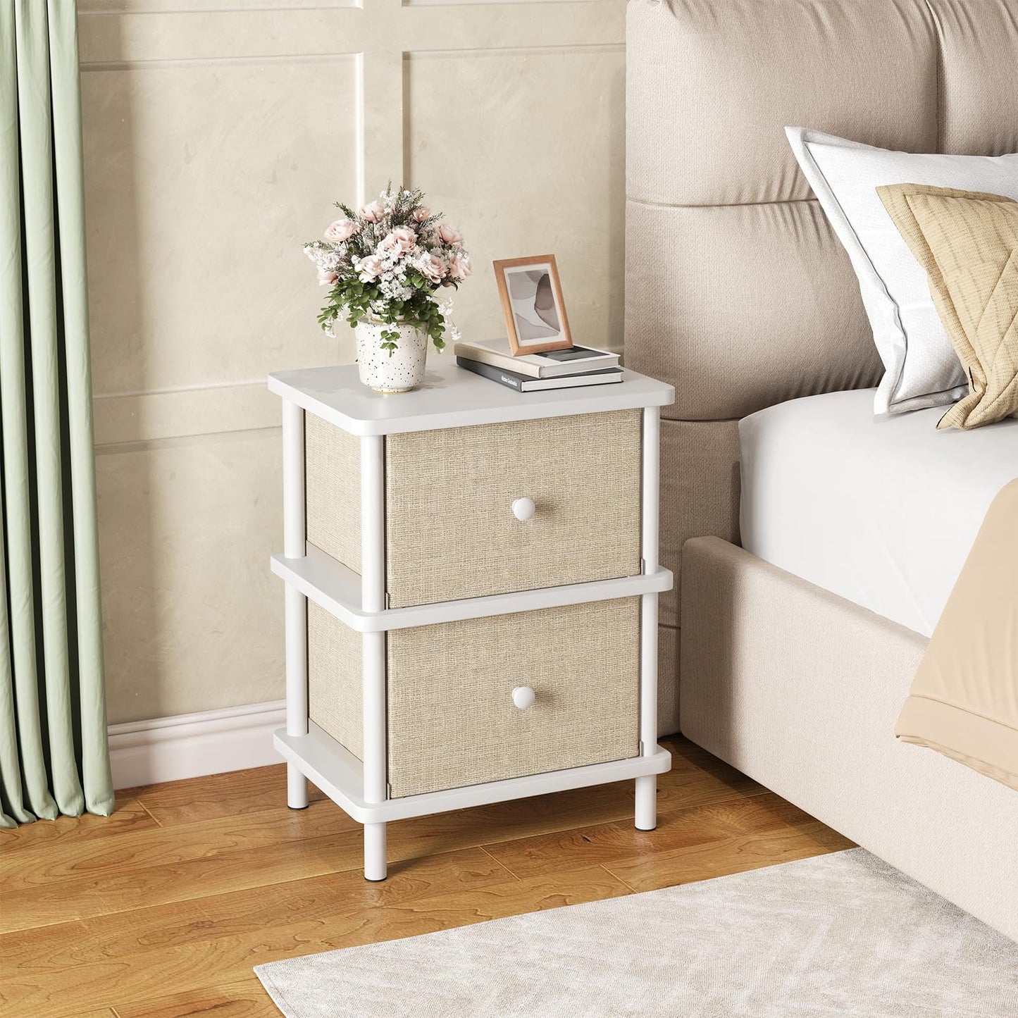 Apicizon Nightstand with 2 Storage Drawers, Boho Side Table with Solid Wood Legs, End Table for Small Spaces, Bedroom, Living Room, Entryway, White
