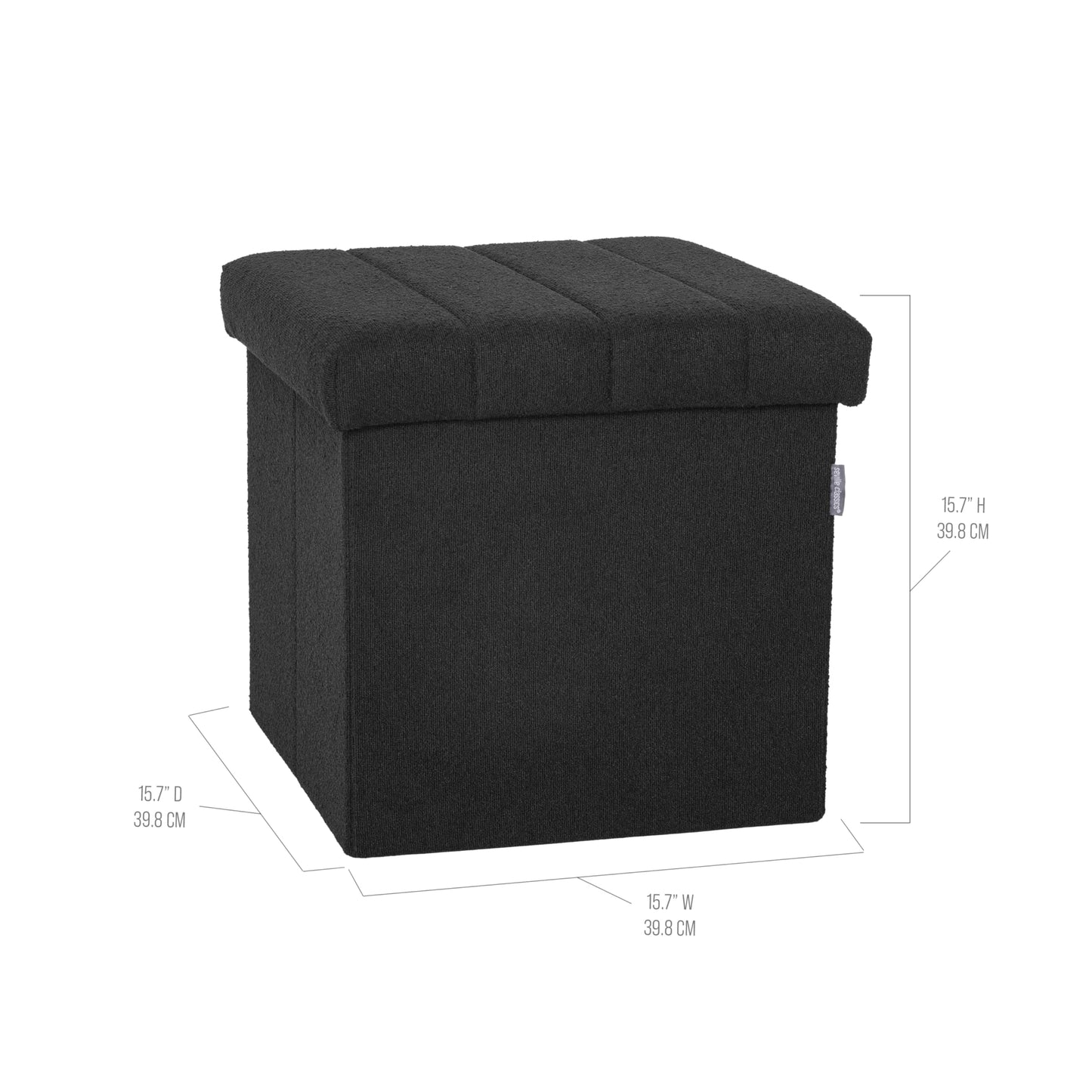 Seville Classics Cushioned Fabric Ottoman Hidden Storage Chest Footrest Chair, Padded Seat for Bedroom, Dorm, Loft, Living Room, Entryway, Hallway, Black Boucle, 15.7" Cube