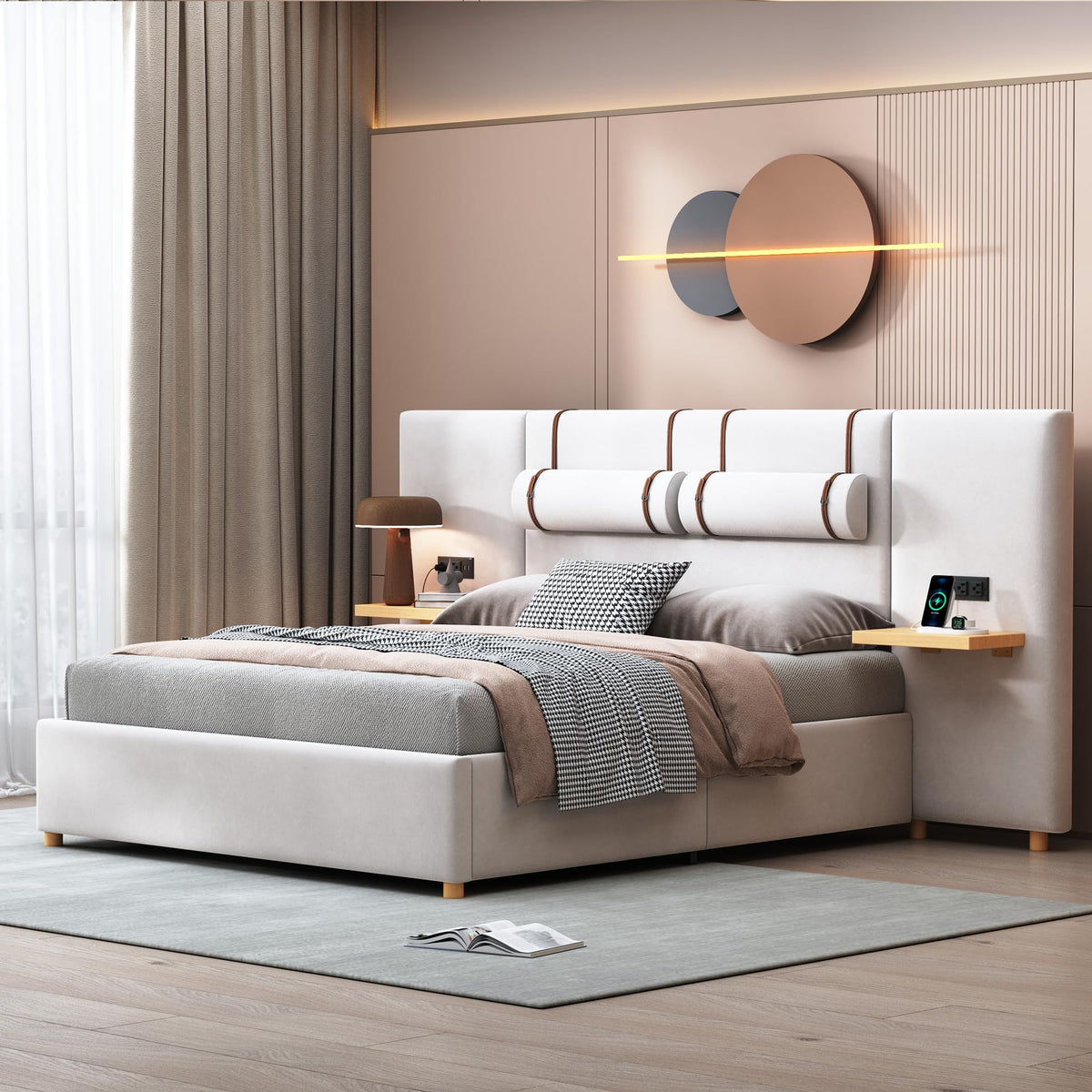 Ball & Cast Queen Upholstered Platform Bed with Oversized Soft Headboard,Wood Bedframe W/Integrated Storage Shelves,Power Outlet & USB Port on Both Sides,for Bedroom Guest Room Apartment,Beige Velvet