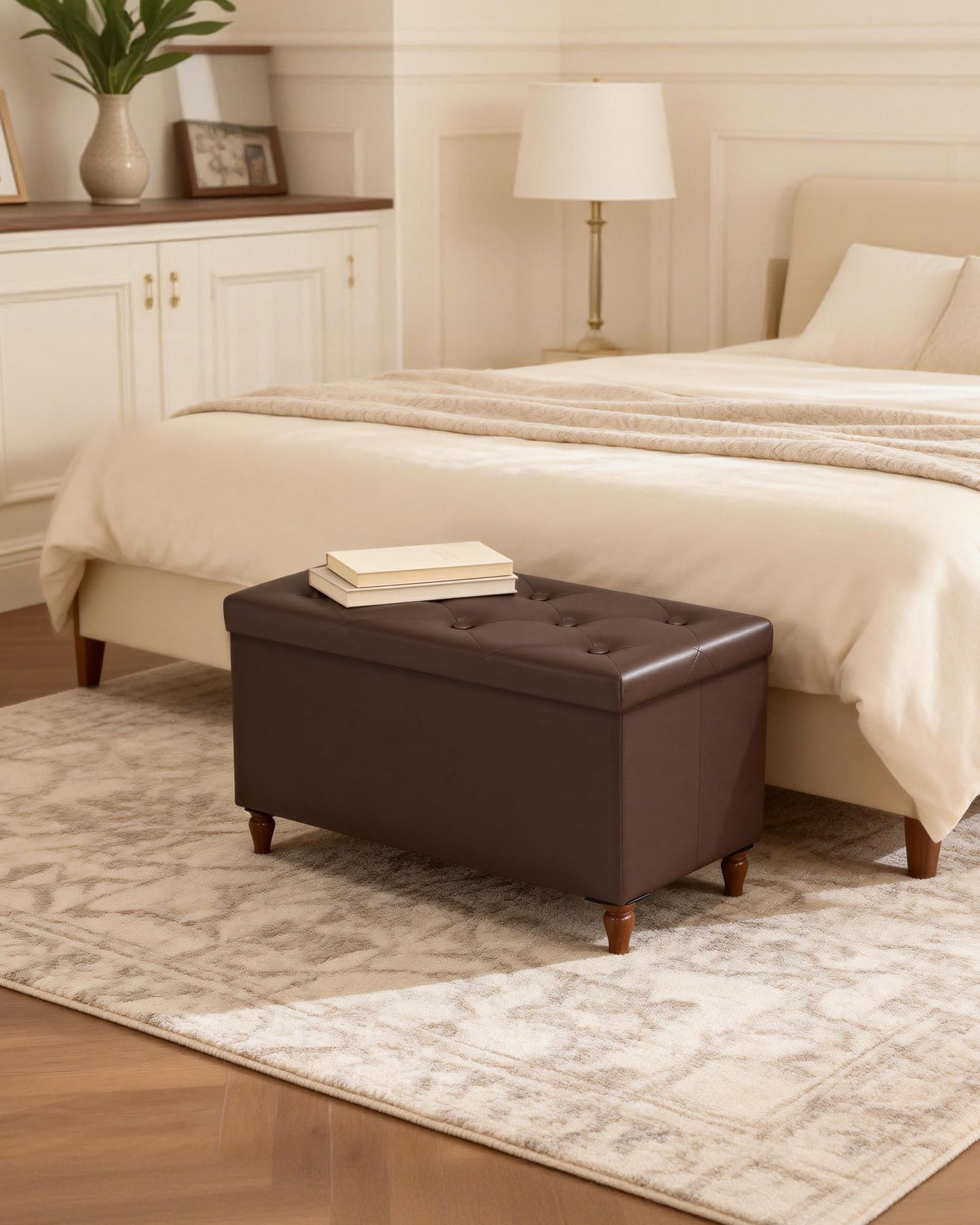 GLAXYFUR 30 Inches Storage Ottoman Bench with Wooden Legs, Faux Leather Folding Ottoman Foot Rest, Storage Bench for Living Room, Hallway & Bedroom, Brown
