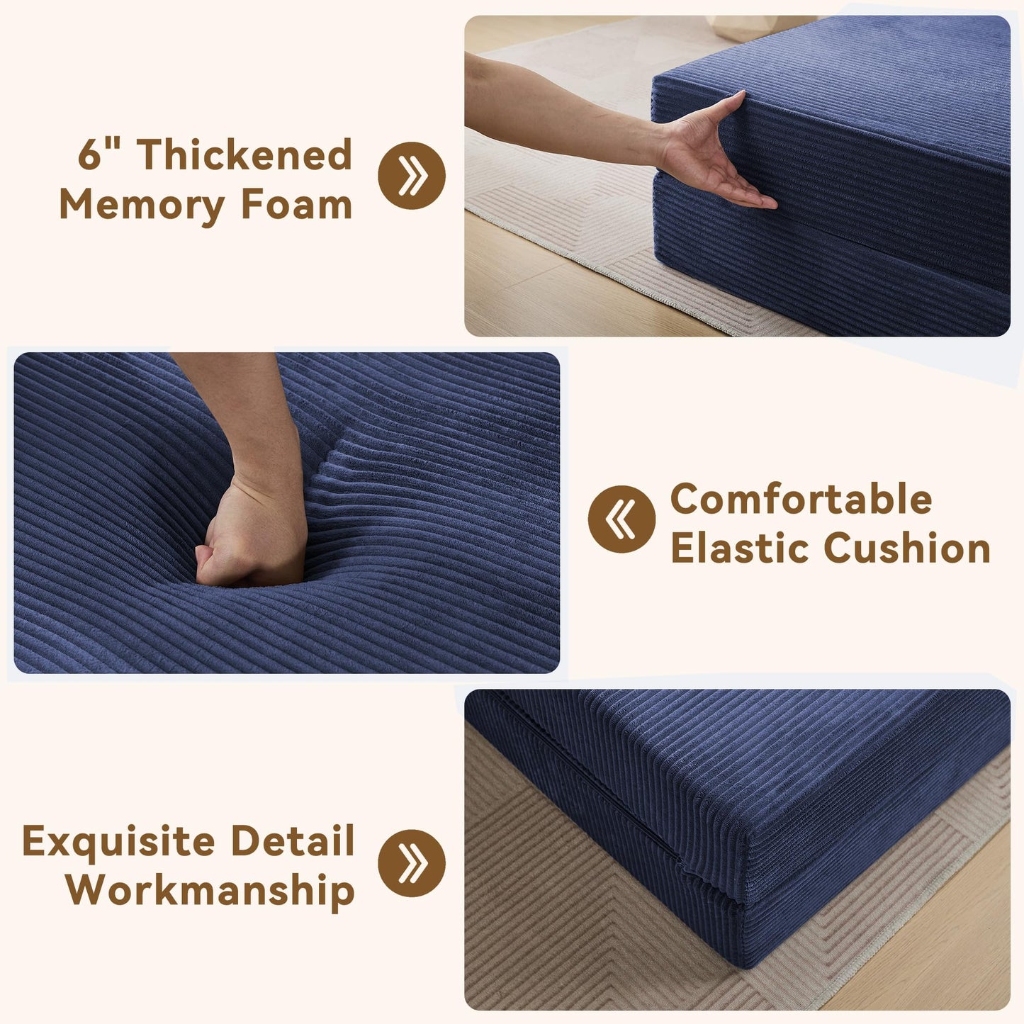 WUTUTUEE Folding Sofa Bed Convertible Floor Couch Foldable Chair Bed with Pillow，Linen Sleeper Chair Futon,Foldable Memory Foam Mattress for Bedroom/Living Room/Dorm/Office (Corduroy Navy, Single)