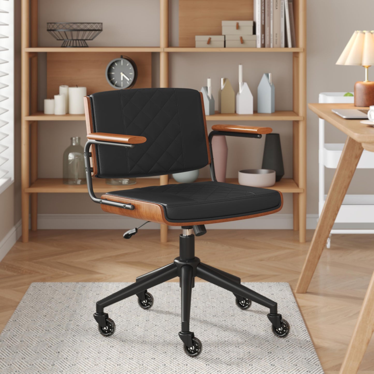 CoVibrant Ergonomic Office Chair with Rubber Wheels & Walnut Arms - PU Leather Mid-Back Desk Chair, Adjustable Height, Bentwood Backrest | Swivel Rocking Design for Home Office, Meeting Room, Study