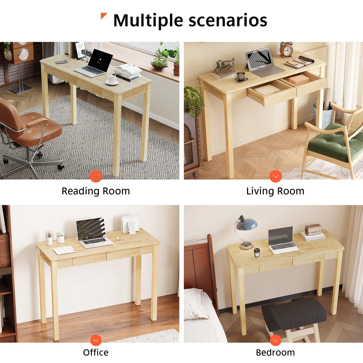 Love-KNPTUS Solid Wood Desk with Drawers - 39" Narrow Desks for Small Spaces, Mid Century Modern Desks, Small Wooden Vintage Computer Writing Desk, Study Table for Home Office Bedroom, Natural