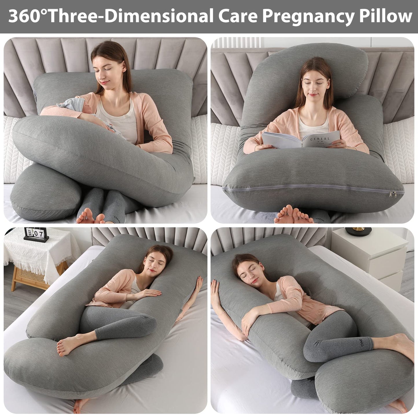 Elover Cooling Pregnancy Pillows for Sleeping,U Shaped Full Body Pillow with Removable Cover,Pregnant Women Must Haves,Maternity Essential,Black Grey