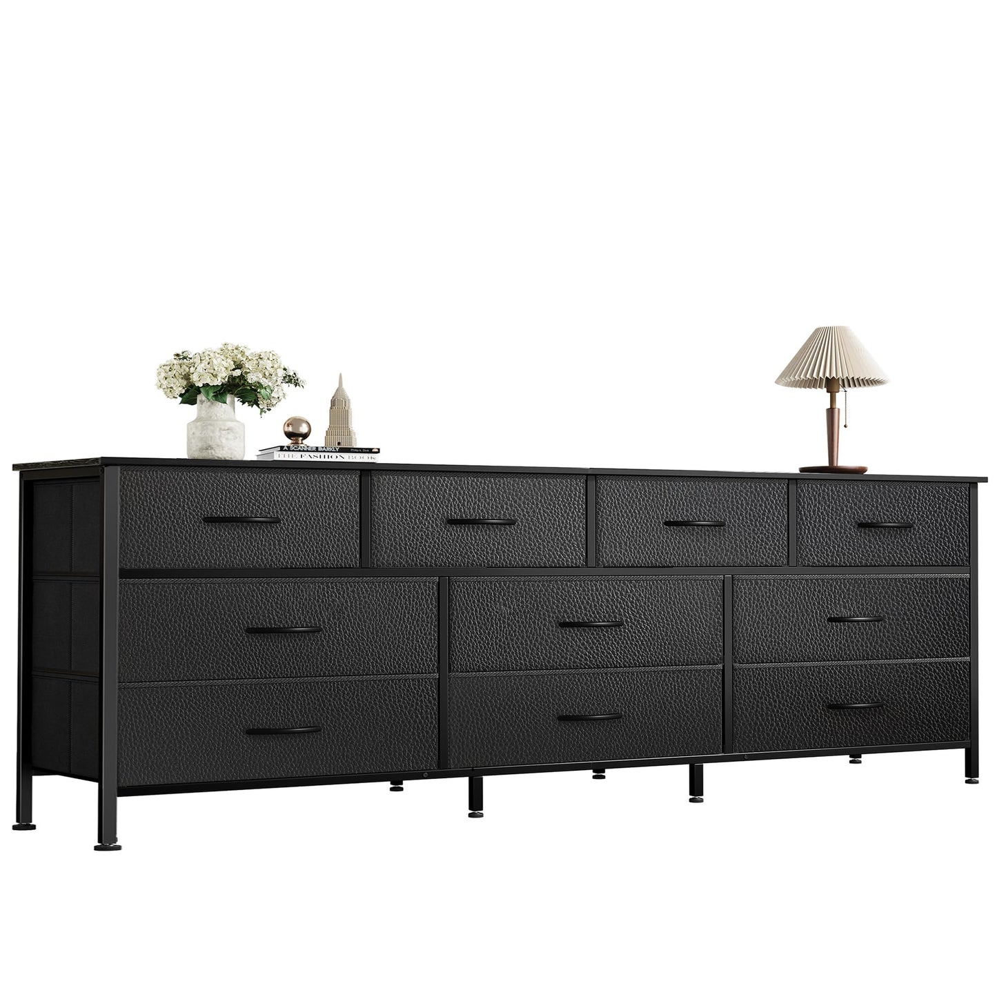Huuger 63 Inch Dresser for Bedroom, Long Dresser with 10 Fabric Drawers, TV Stand for 55, 65, 70 Inch TV, Toy Storage Organizer for Closet, Black