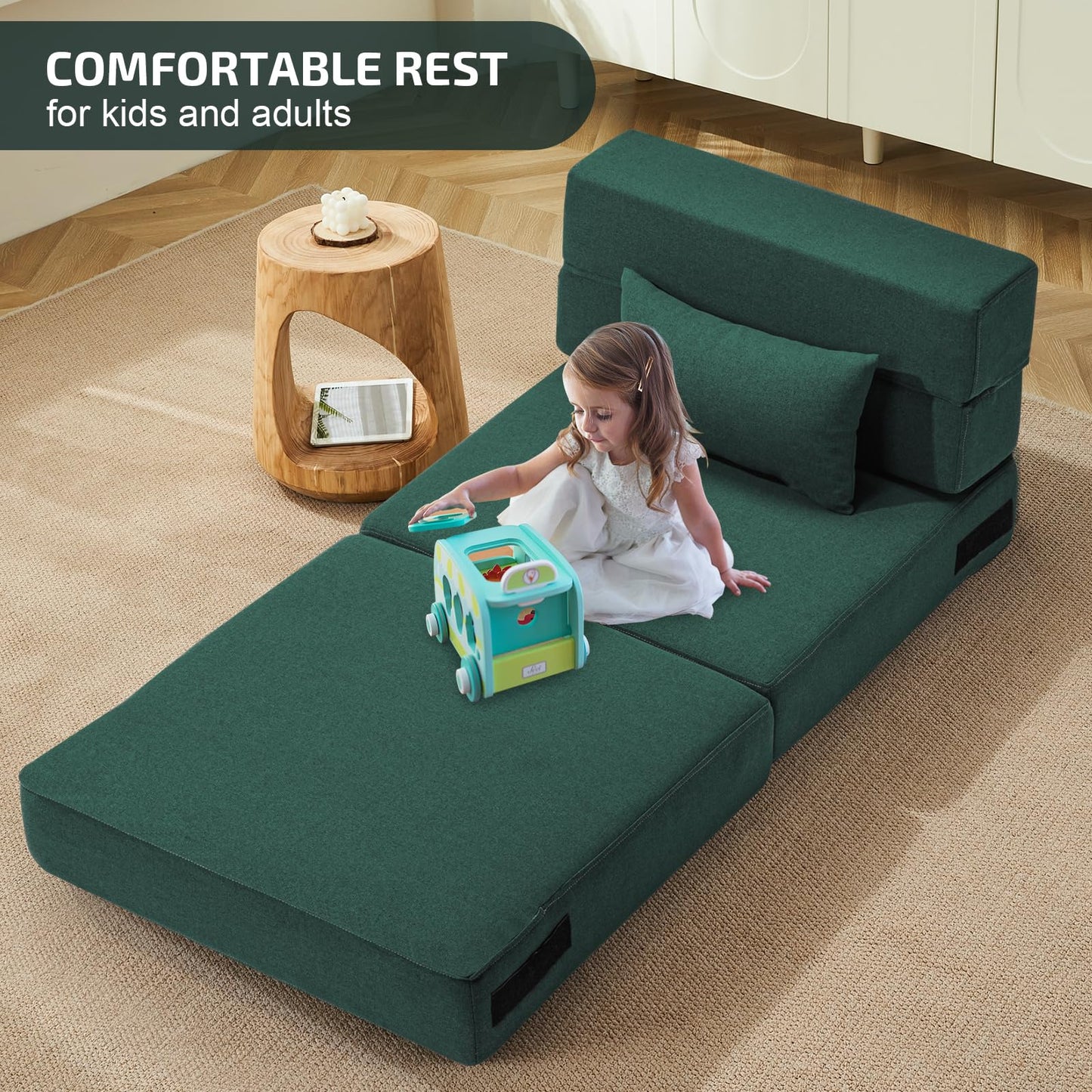 SUYOLS Folding Sofa Bed with Pillow- Convertible Chair Floor Couch & Sleeping Mattress, Foldable Memory Foam Sleeper for Living Room/Dorm/Guest Room/Home Office/Apartment/Loft, Single28, Dark Green
