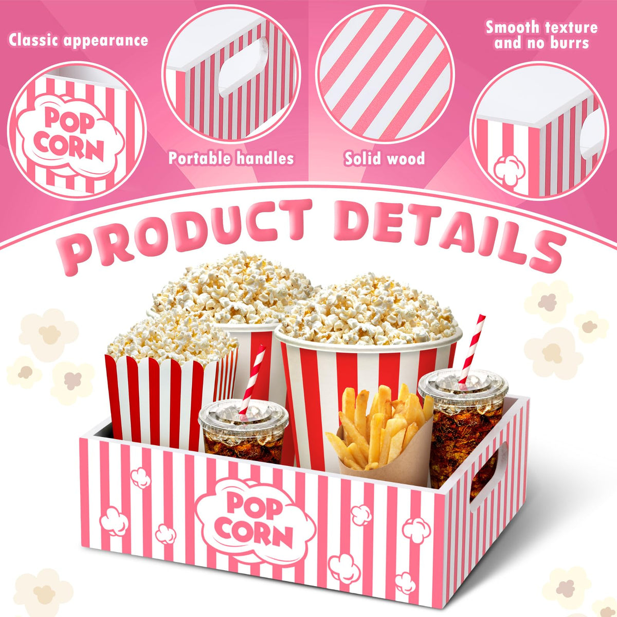 Movie Night Supplies Snack Trays with Handles Reusable Wooden Movie Gift Basket for Theater Popcorn Bucket Bowl Box Container Family Room Decor(Cute)