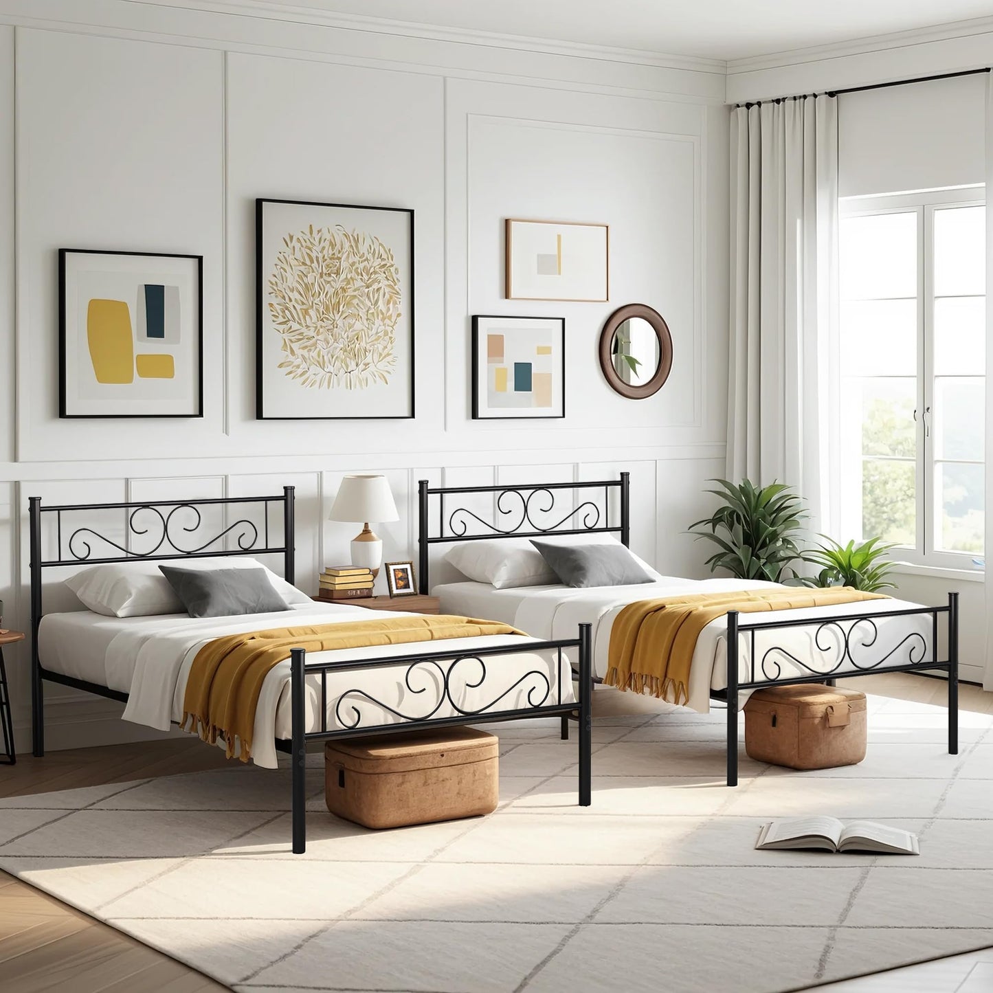 VECELO Twin Size Bed Frame with Headboard, 14 Inch Metal Platform Mattress Foundation, No Box Spring Needed, Easy Assembly, 2 PCS, Matte Black