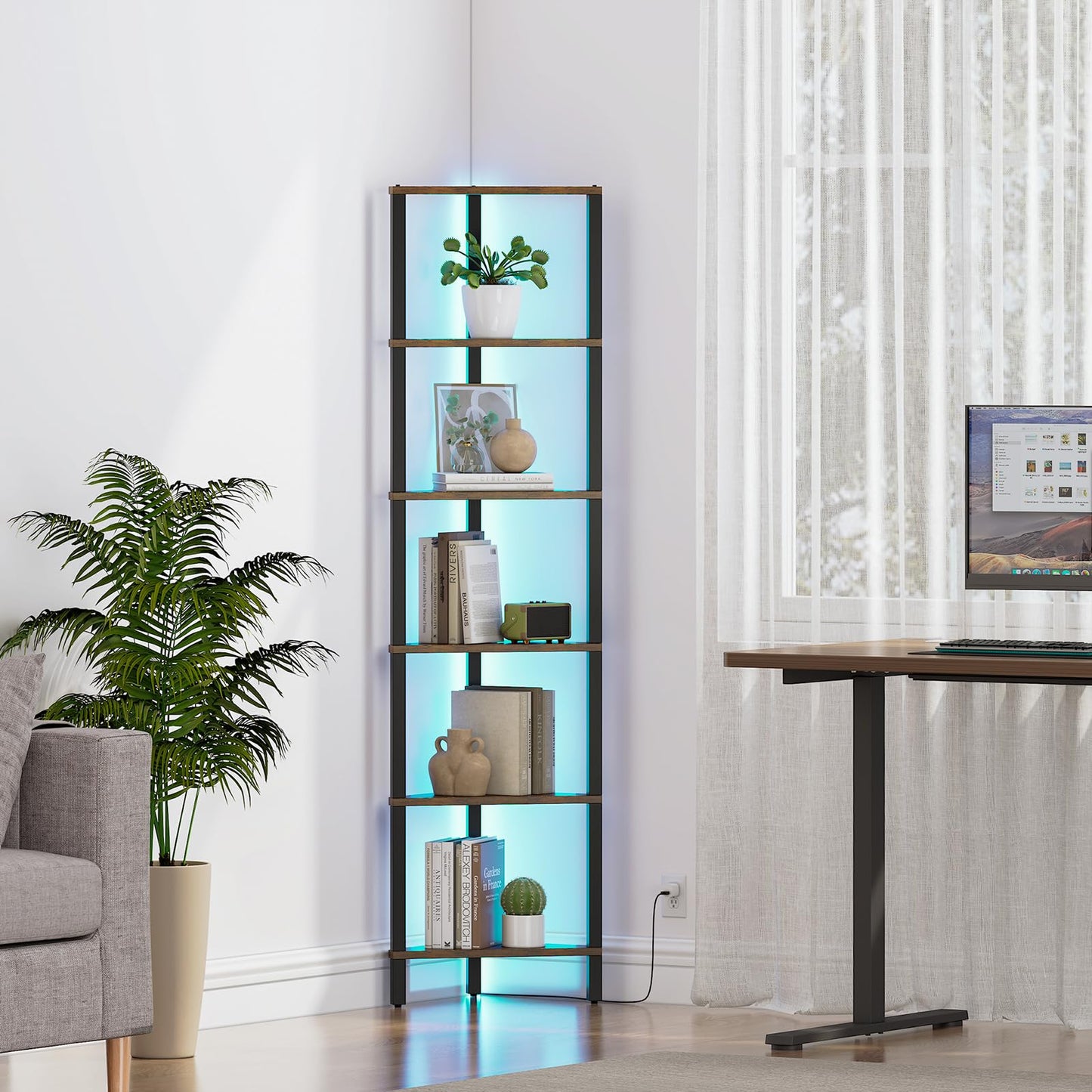 TUTOTAK Corner Shelf with LED Light, 6-Tier Corner Bookshelf for Small Space, Narrow Display Corner Shelf Stand with Storage Rack, for Living Room, Bedroom, Rustic Brown BS05BB006L