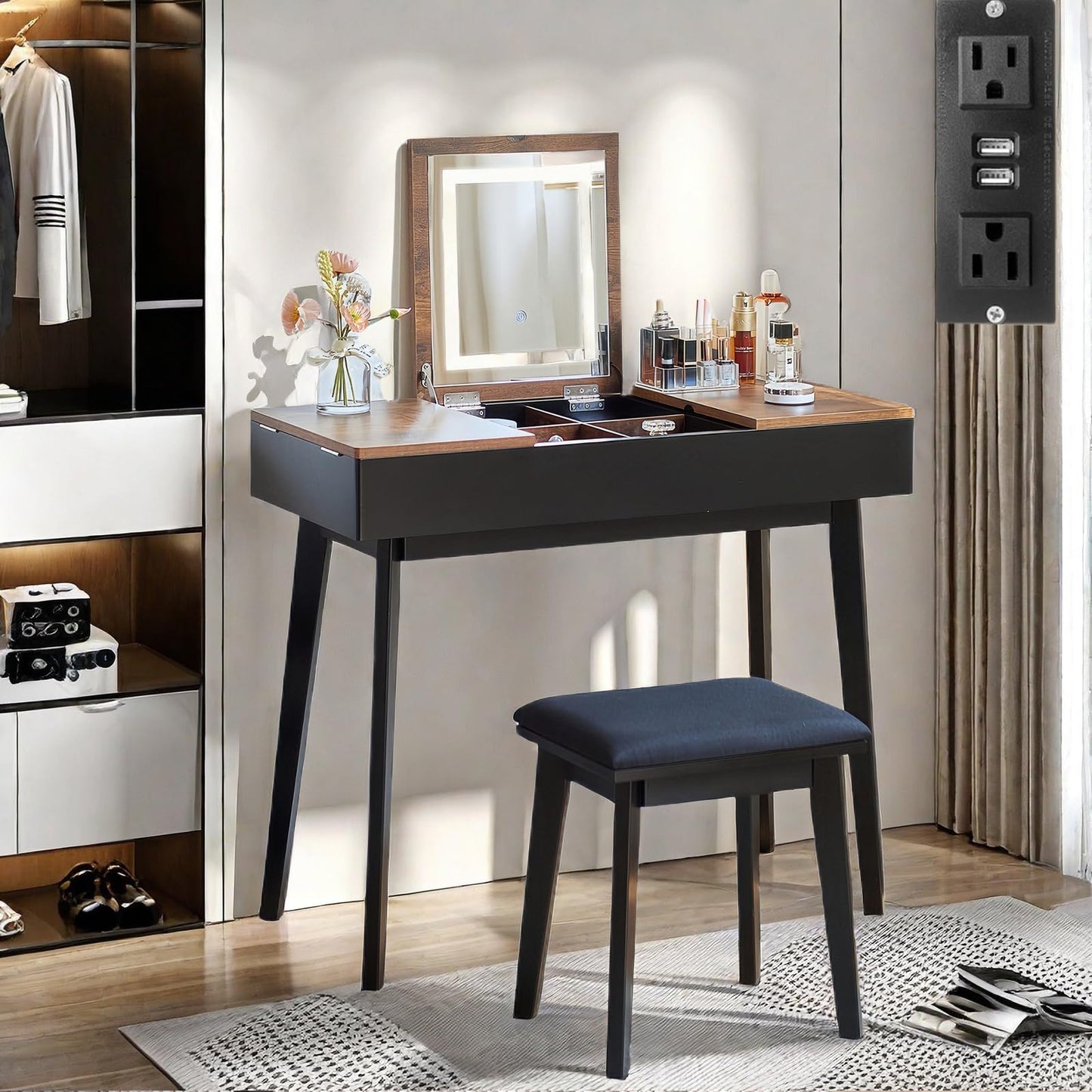 JanflyHome Vanity Desk, Flip Top Makeup Vanity Table with Power Outlet, Makeup Vanity Desk with Mirror & LED Light, Rustic Vanity Set with Cushioning Stool, Vintage Vanity for Bedroom, Black Brown