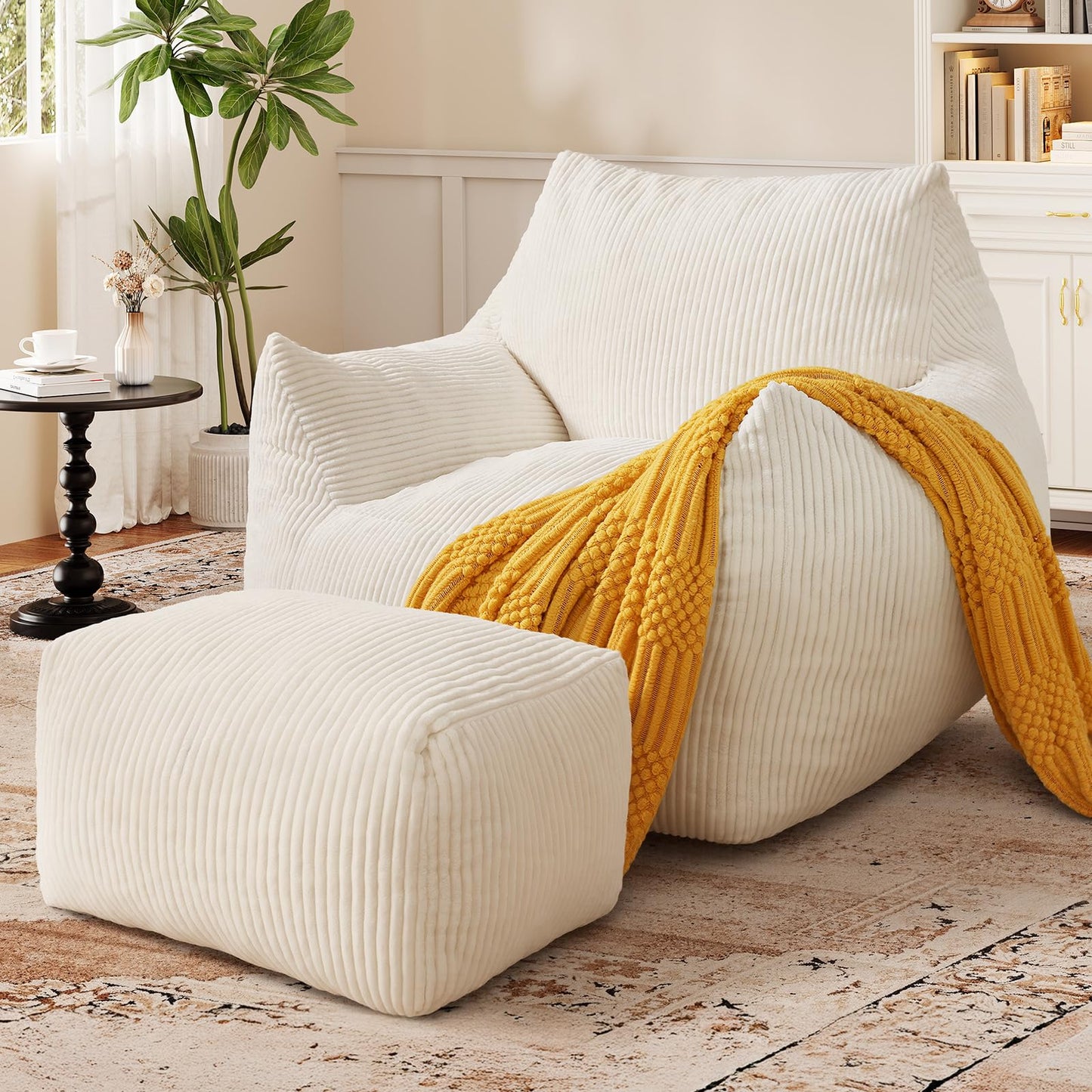 Vellorise Big Bean Bag Chair for Adults, Ultra Soft Living Room Bean Bag with Armrests & Ottoman, Stuffed BeanBag Chair for Napping, Gaming, Vacuum-Compressed for Easy Gifting, 48h to Expand Beige