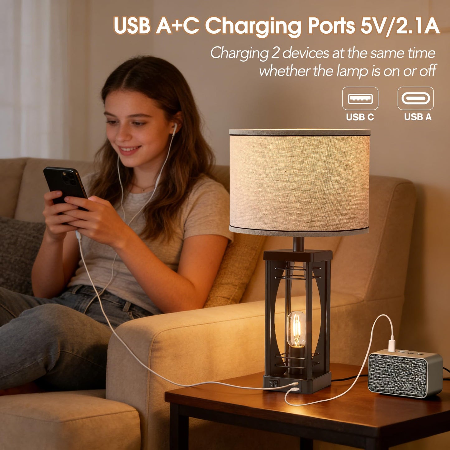 SRJJA Farmhouse Table Lamps Set of 2 for Living Room, Rustic Nightstand Lamps with USB A+C Charging Ports, 22.5" Dual Light Industrial Bedside Lamp with Linen Shade for Bedroom End Tables
