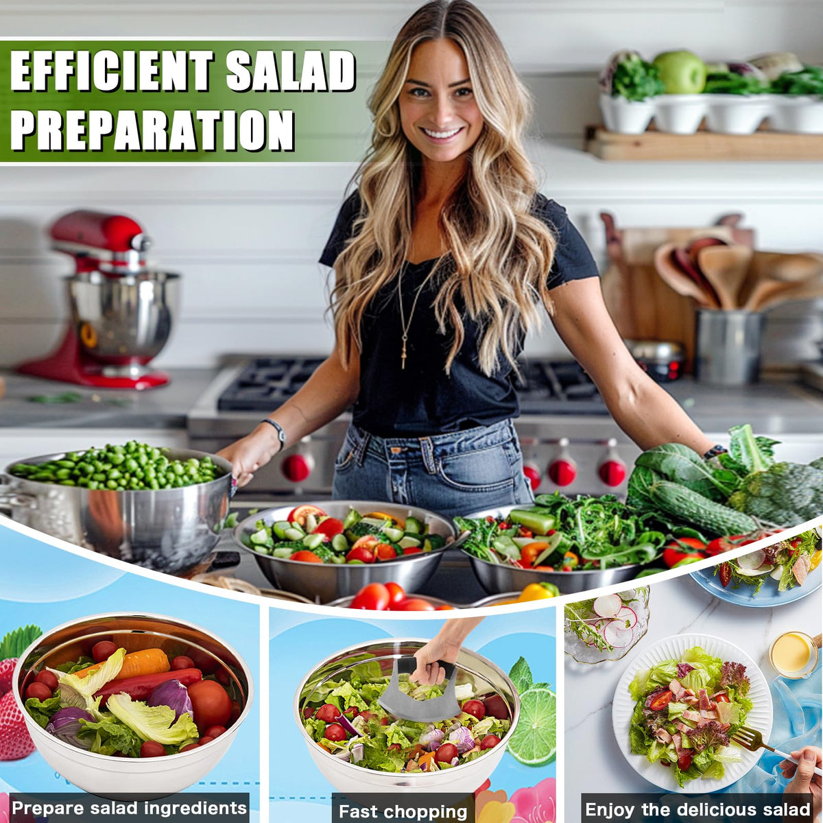 ZMCYNG Salad Chopper Bowl - Stainless Steel Salad Chopping Bowl, Sala d Chopper Bowl and Cutter with Lid, Chef Grade Salad- Chopper Blade and Bowl, Mezzaluna Mincing Knife, Super-fast Sala d Prep