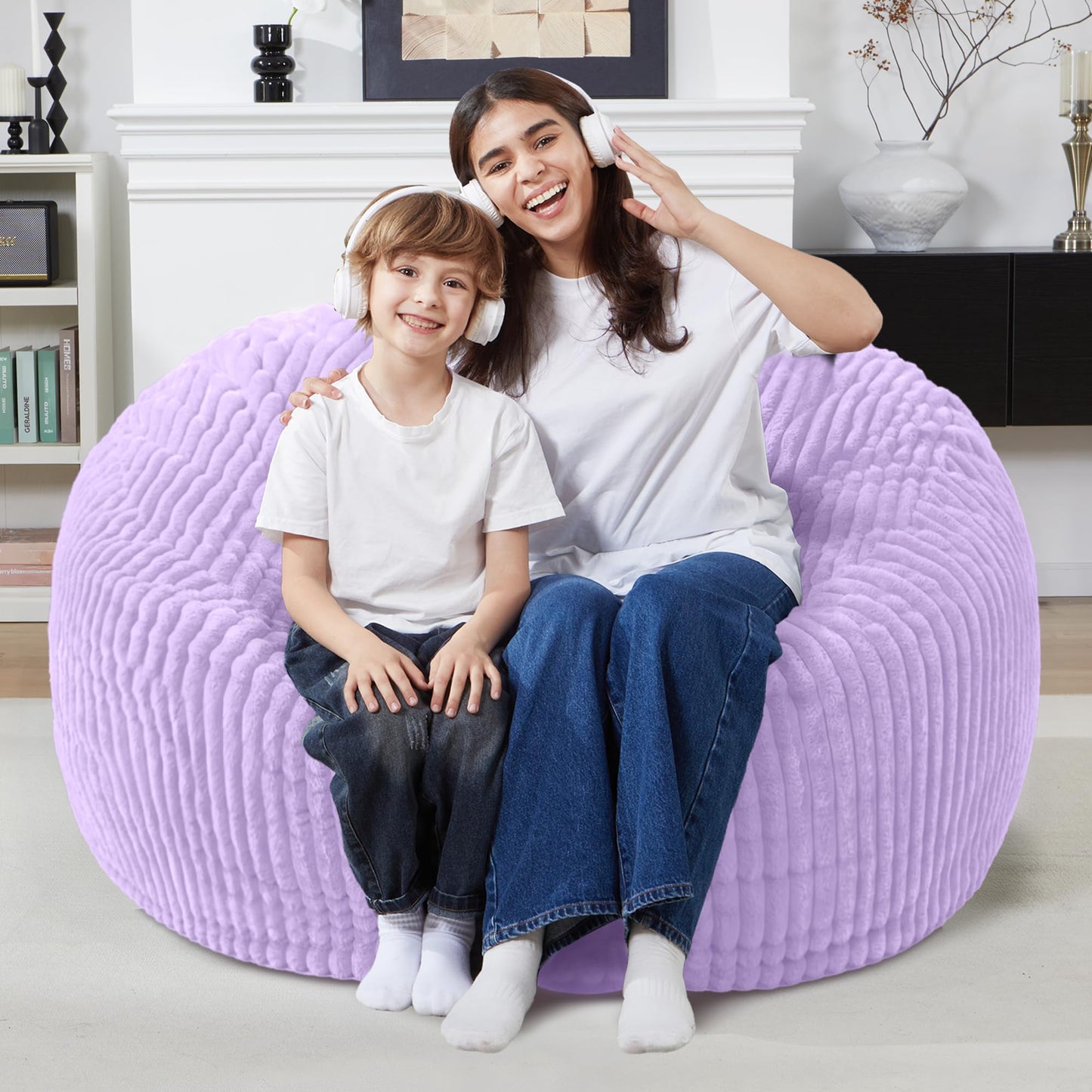 Homguava 3 FT Bean Bag Chair,3' Big Bean Bag,Large Bean Bag Chairs for Adults with Memory Foam Filled,Comfy Beanbag Chairs Soft Bean Bag Sofa with Dutch Corded Plush Cover-Purple