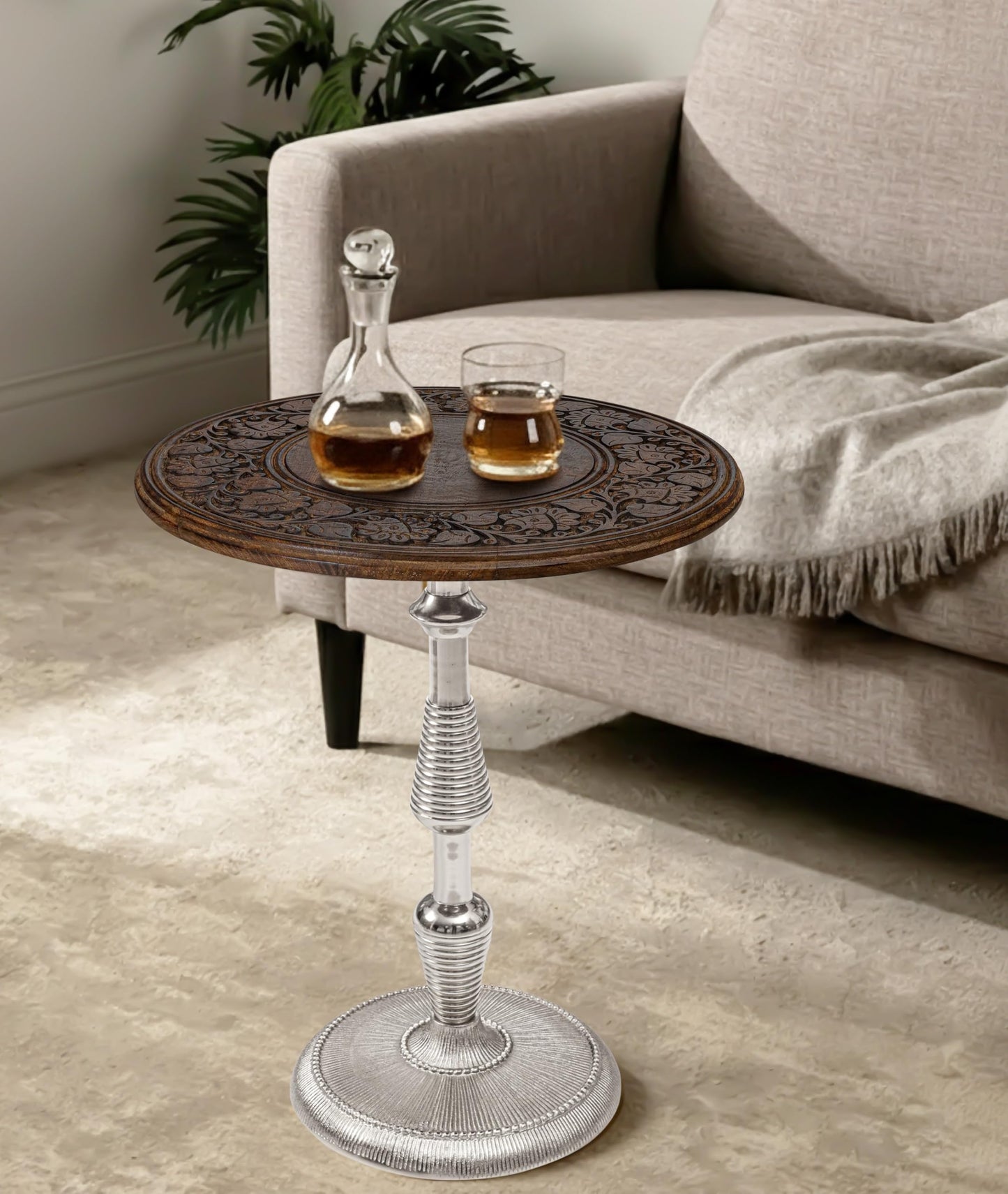The Wooden Town Side Tables-Hand Carved Vintage Boho Folding End Tables for Living Room, Entryway,Living Room, Bedroom -No Tools Assembly, 18"x22" Burnt Brown with Silver Aluminium Alloy_Spiral
