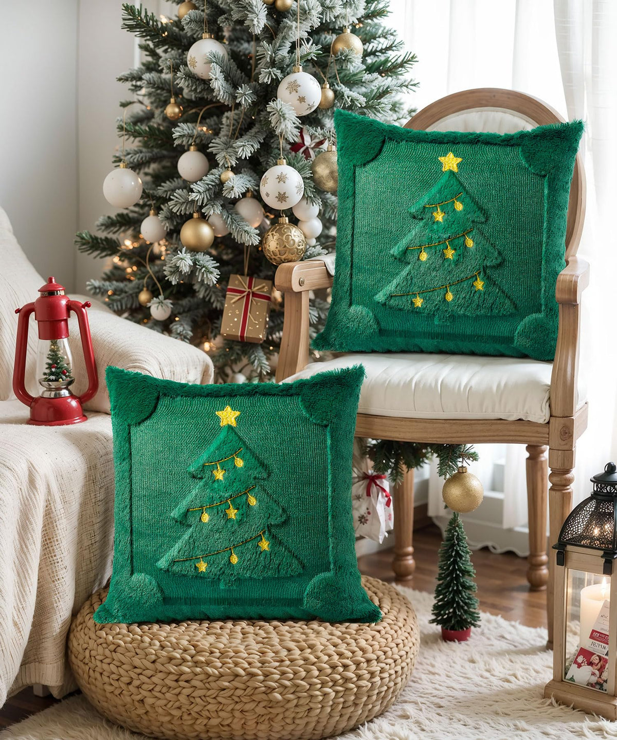 SEGXCFL Christmas Pillow Covers Set of 2 Soft Plush Faux Fur Pillow Cases 3D Embroidered Decorative Couch Cover Home Decor Christmas Throw Pillow Covers 18x18,Green Christmas Tree