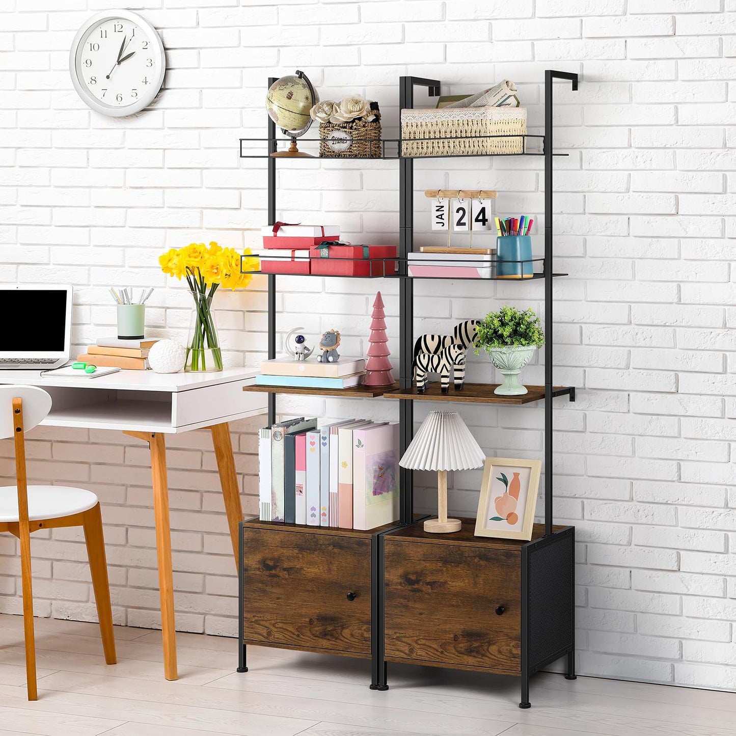 Vrisa 4 Tier Ladder Bookshelf with Drawers Wall Mounted Storage Shelves Wooden Ladder Shelf with Cabinet Display Bookcase for Living Room Bedroom Home Office Kitchen Brown