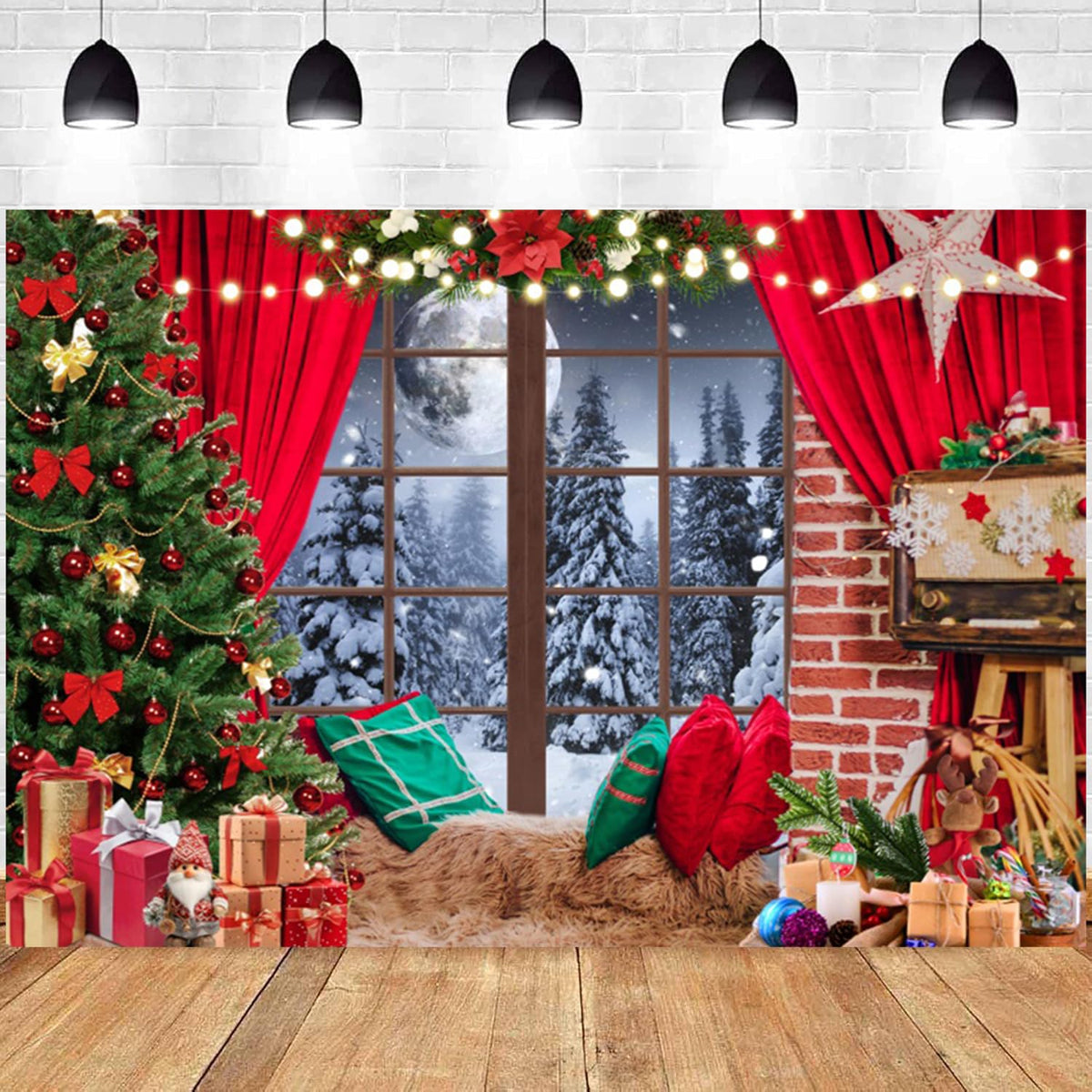 Diasynig 10x8FT Christmas Backdrop Window Red Curtain Xmas Tree Gifts Forest Snow Scene Photography Background Family Kids Winter Holiday Christmas New Year Party Decorations Banner Photo Booth Props