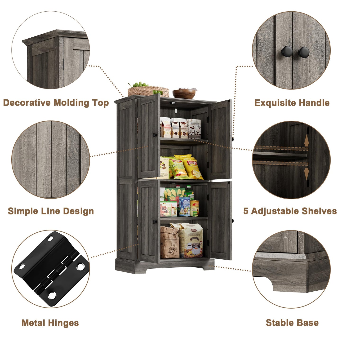 ChooChoo Bathroom Floor Cabinet, Farmhouse Bathroom Storage Cabinet with 4 Doors and Adjustable Shelves, Pantry Cabinet for Living Room, Kitchen, Retro Grey