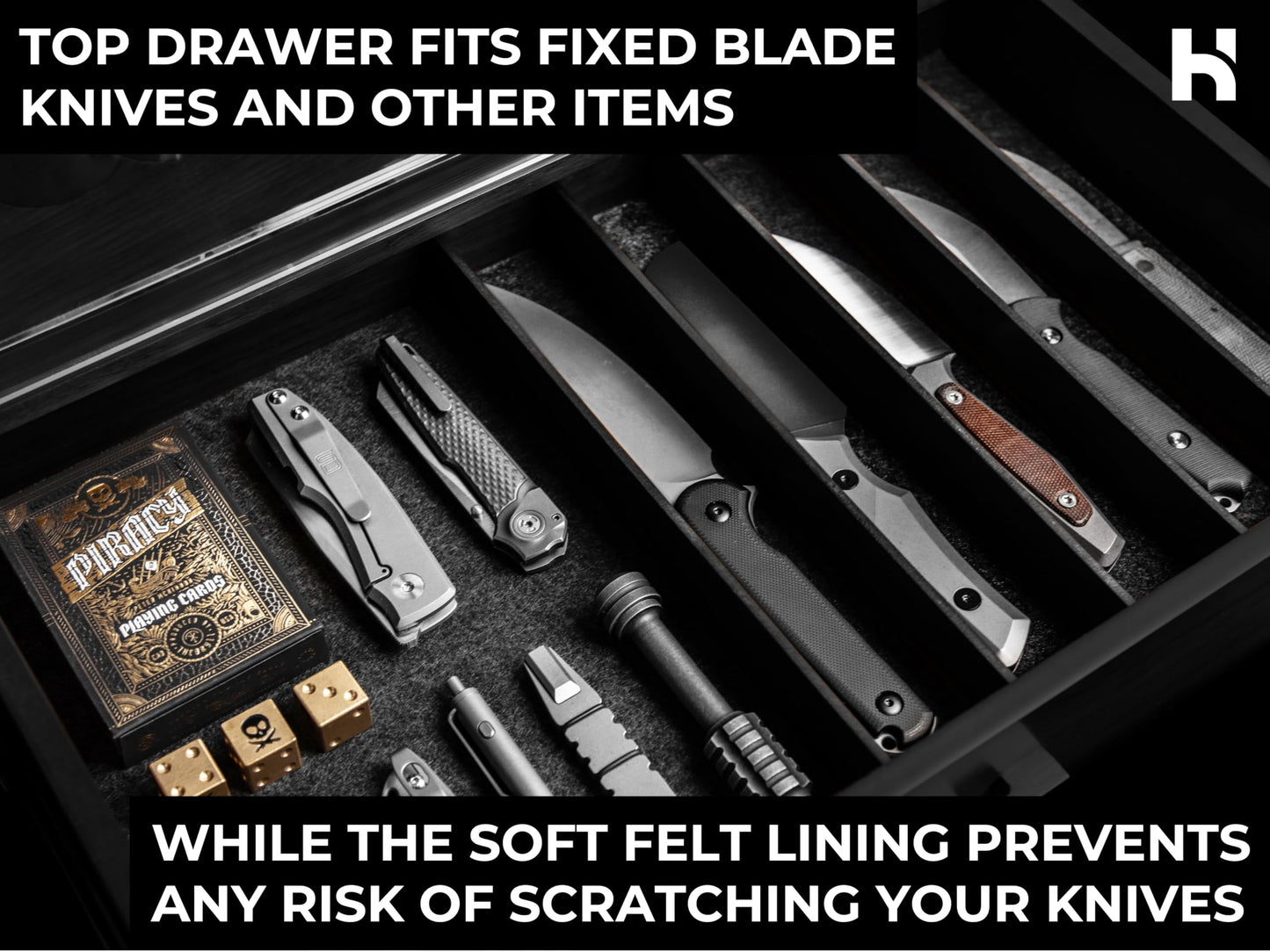 Premium Pocket Knife Display Case for 50 Knives - Extra Large Wooden Knife Organizer, Storage & Holder with Unique Pillars, 2 Drawers - Knife Collection Box - Handcrafted Birthday Present for Men