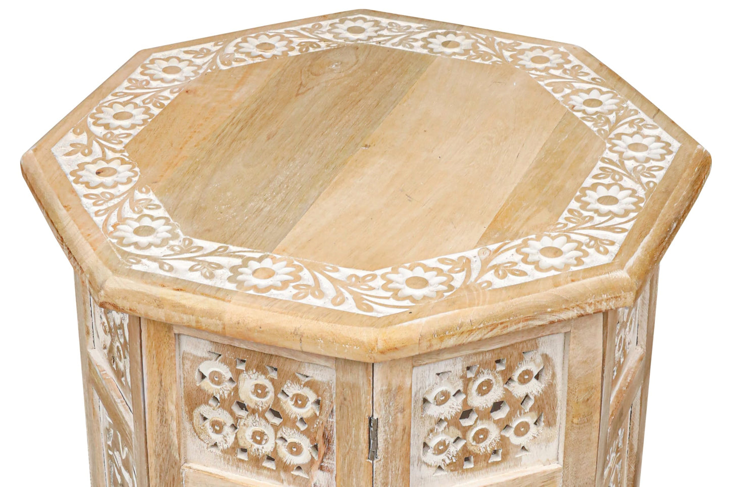 The Wooden Town Side Tables– Hand Carved Vintage Boho Folding End Tables for Living Room, Entryway, Living Room, Bedroom – No Tools Assembly, 18"x18" Octagon, White wash Finish