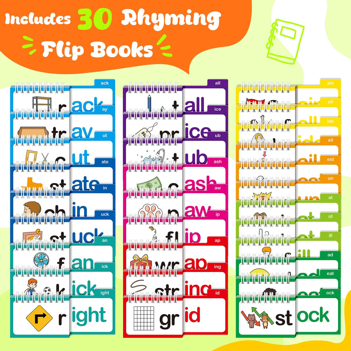 Zazopup 30 Read and Rhyme Flip Books,Word Family Build Book,Learn to Read Phonics Flash Cards,Sight Words Flash Cards Kindergarten Classroom Homeschool Learning Book,Phonics Flashcards,Reading Games