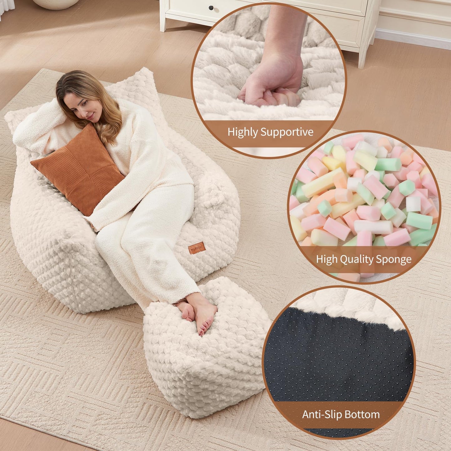 Bean Bag Chair with Ottoman, Modern Giant Bean Bag Couch Sofa with Footstool, Lounge Large Bean Bag Chairs for Adults Teens, Comfy Faux Fur Reading Chair for Bedroom, Living Room