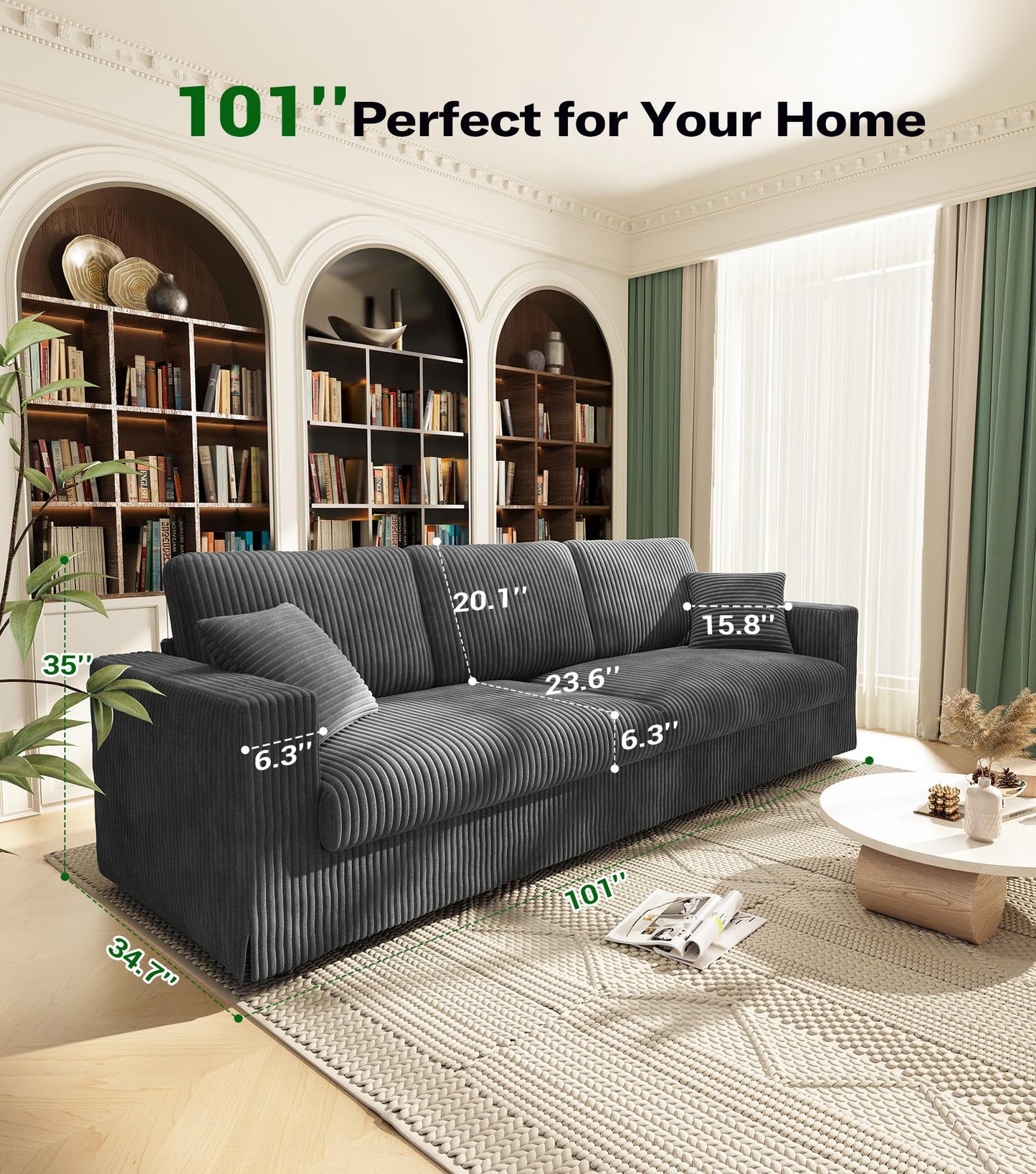 Welzona Plush Corduroy Couch, 101" Comfy Couches for Living Room, Tool-Free Setup Sofas for Living Room 6.3" Extra Wide Armrest, All-Wood Loveseat Sofa Couch for Bedroom/Office, 2 Pillow, Classic Grey