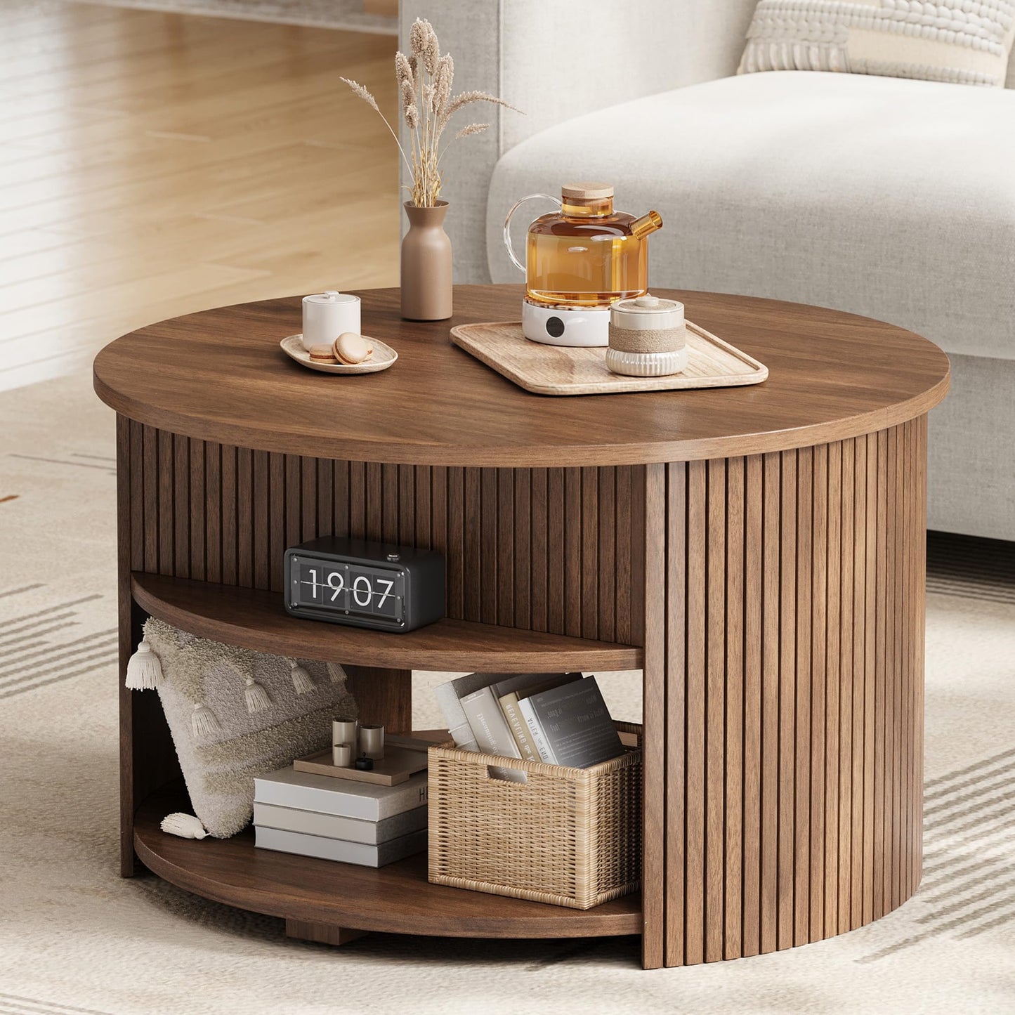 Decofy Round Lift Top Coffee Table with Storage, Fluted Mid-Century Modern Coffee Tables for Living Room, with Hidden Compartment & Open Shelves, for Small Spaces & Home Office(31.5" Walnut)