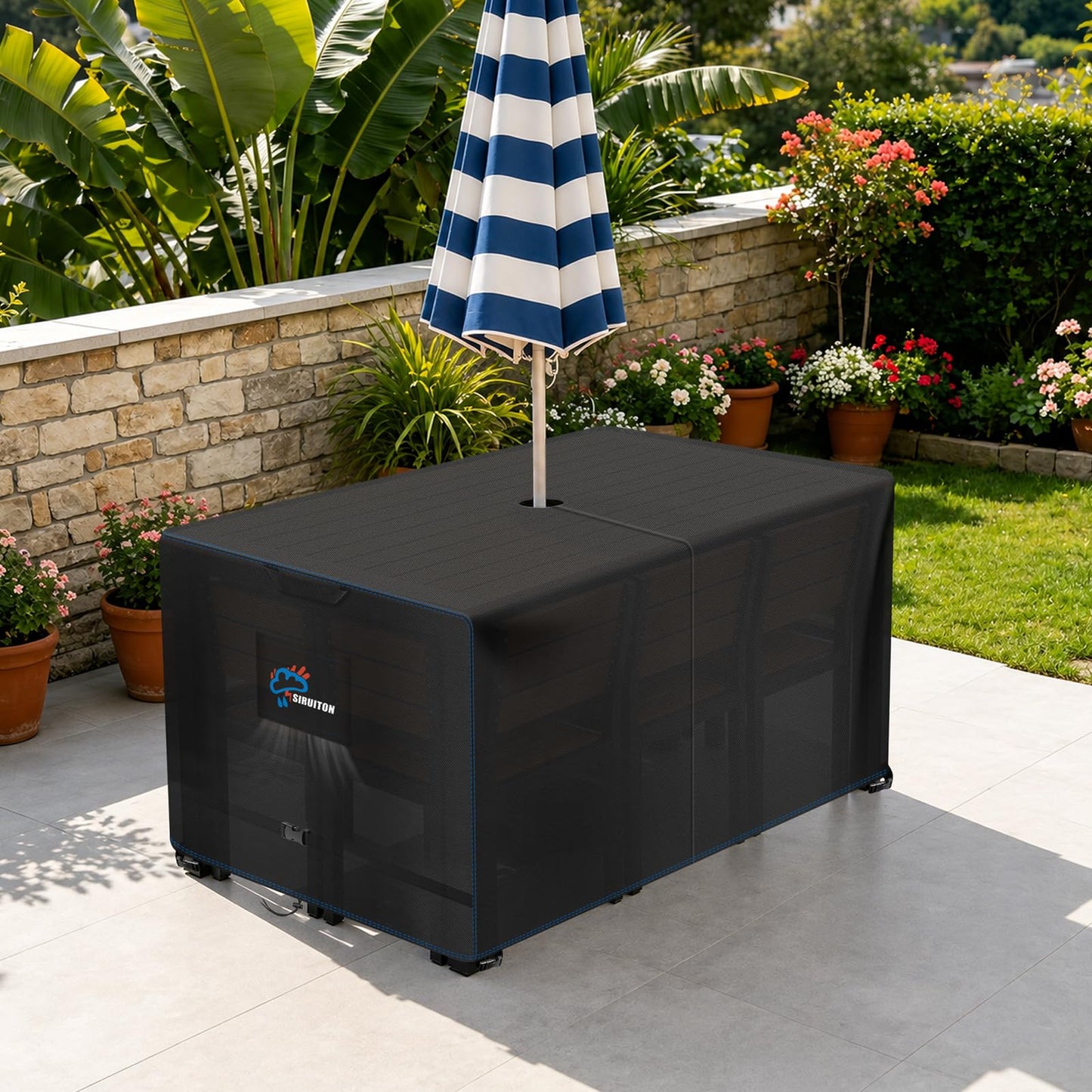 SIRUITON Rectangle Patio Table Cover with Umbrella Hole 108" L X 82" W X 23.6" H (COVER SIZE，NOT TABLE SIZE) Heavy Duty 600D Oxford Fabric Outdoor Waterproof Lawn Patio Furniture Covers