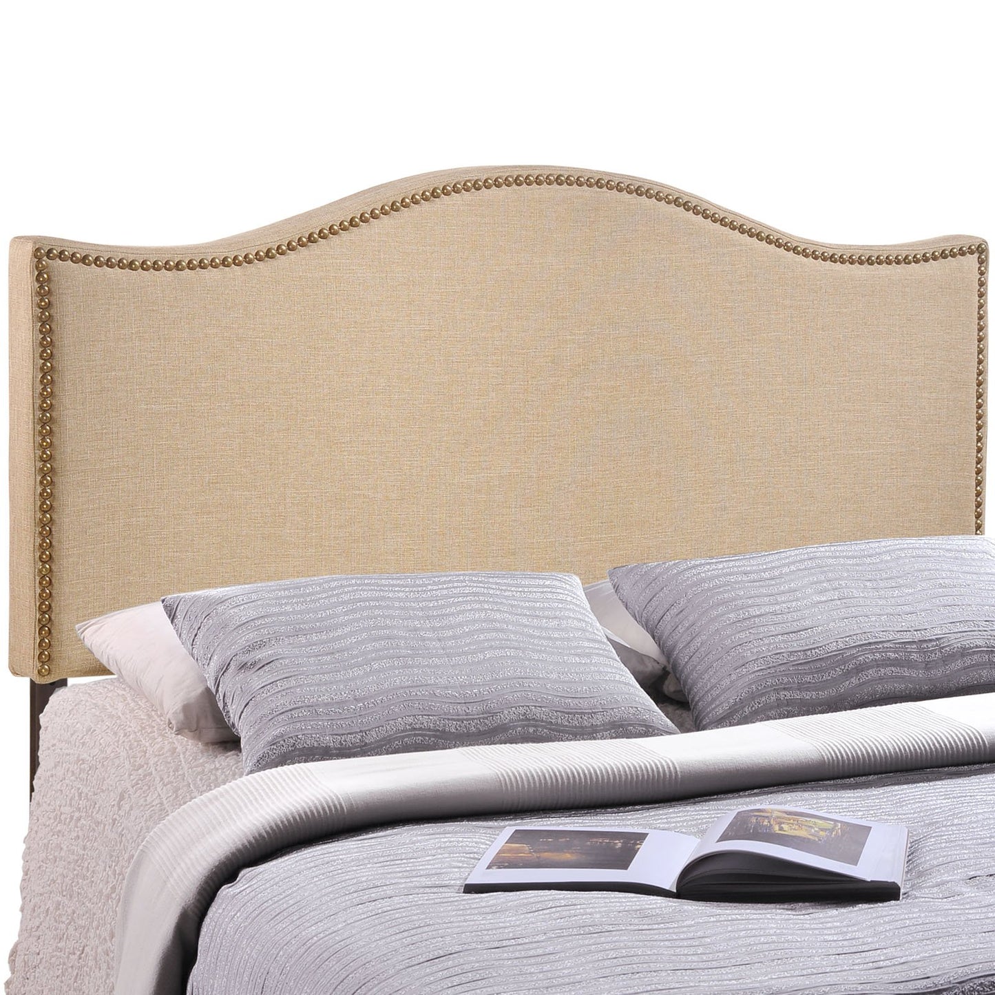Modway Curl Linen Fabric Upholstered Queen Headboard with Nailhead Trim and Curved Shape in Café