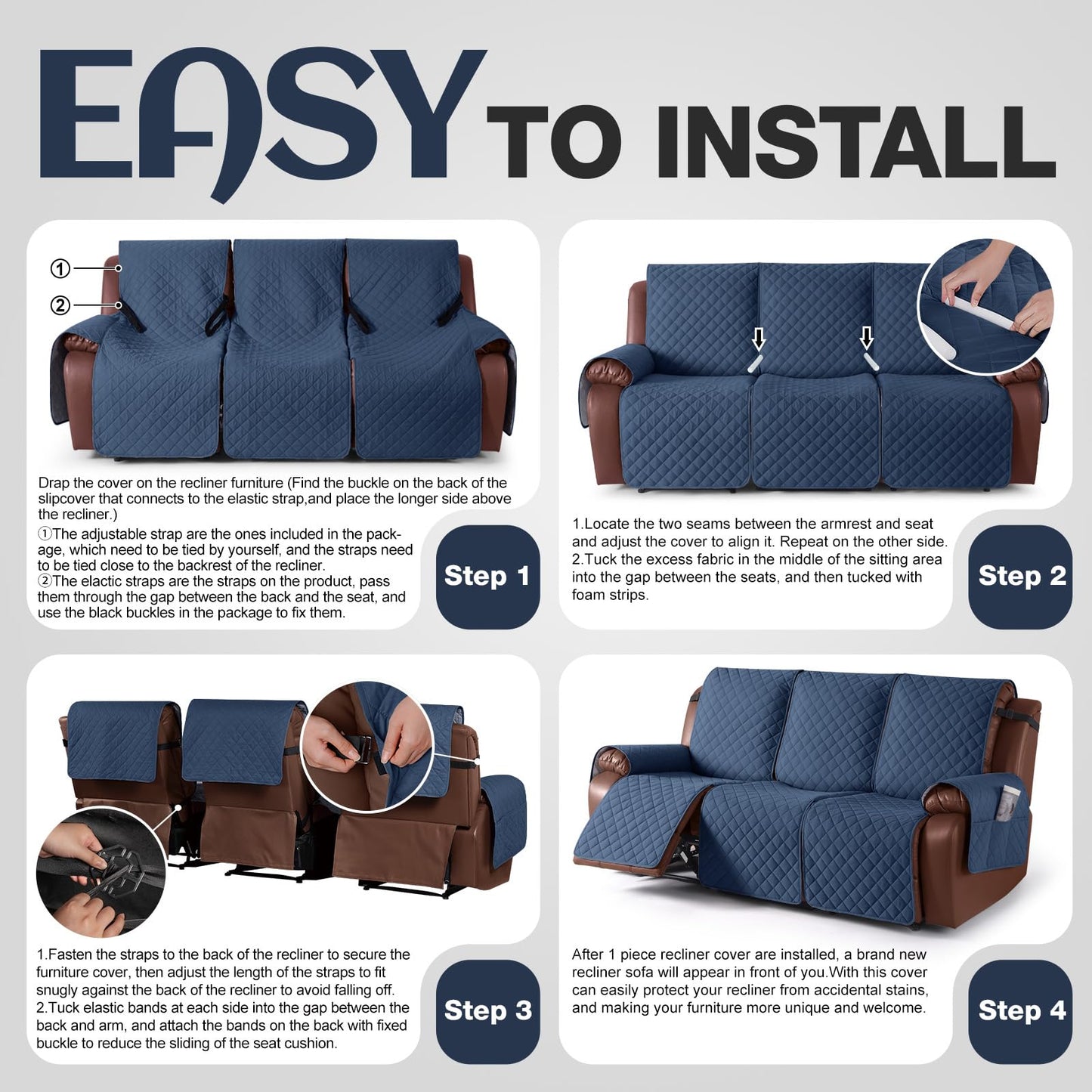 KinCam Waterproof Recliner Sofa Cover, Non-Slip Reclining Couch Covers for 3 Seat, Recliner Couch Cover Furniture Protector with Elastic Straps for Pets, Kids, Blue