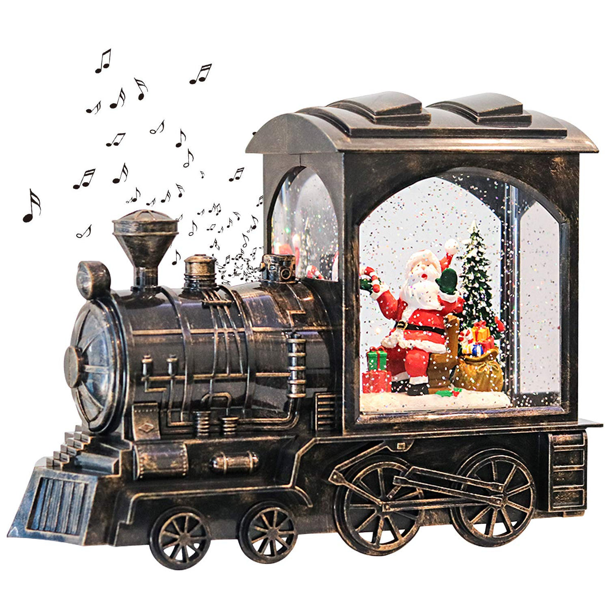 GenSwin Music Lighted Train Snow Globe Lantern Water Snowing Glittering Battery Operated with Timer, Christmas Santa Claus Musical Lighted Home Decoration and Gift(Copper)